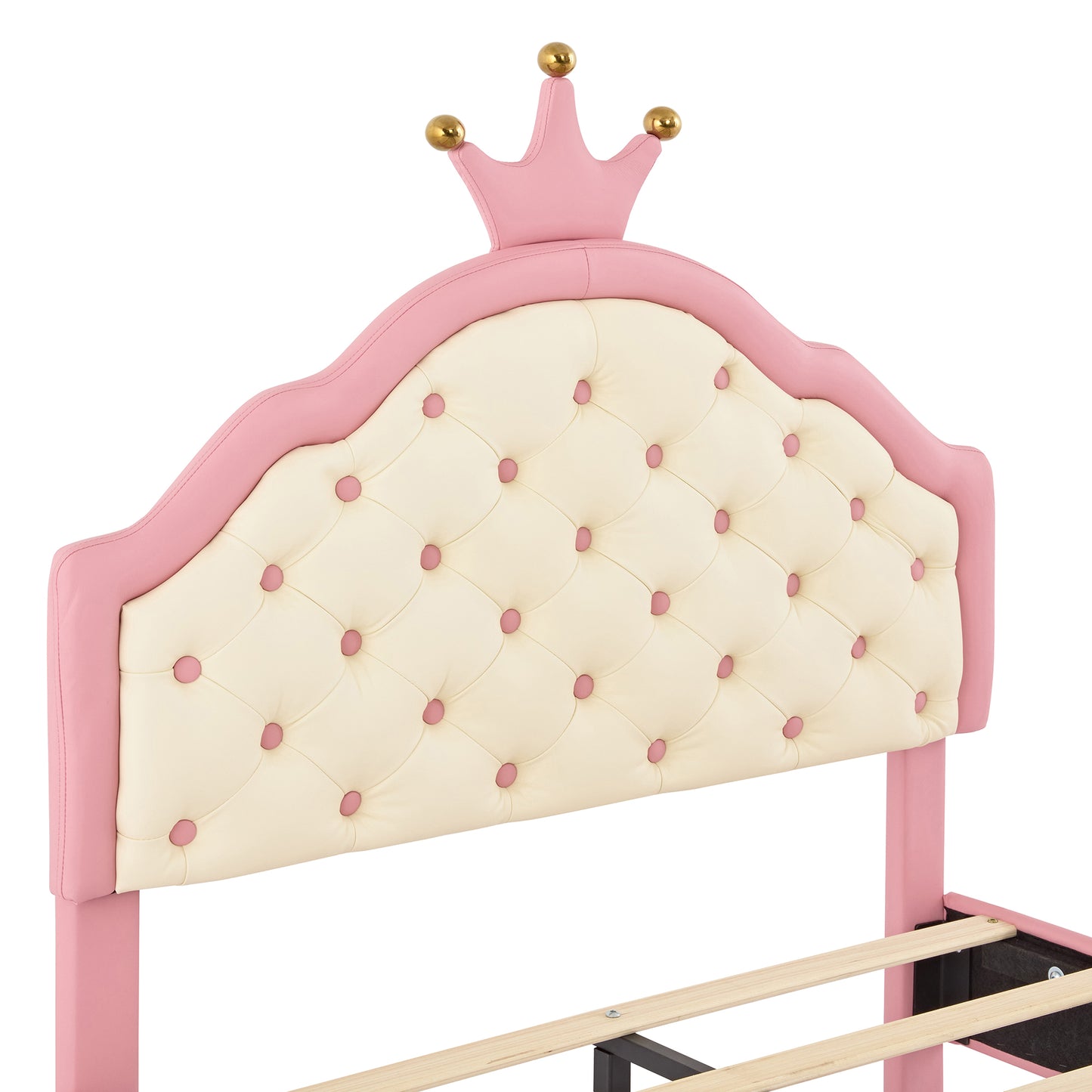 Pink velvet twin bed frame with cream tufted headboard and crown accent