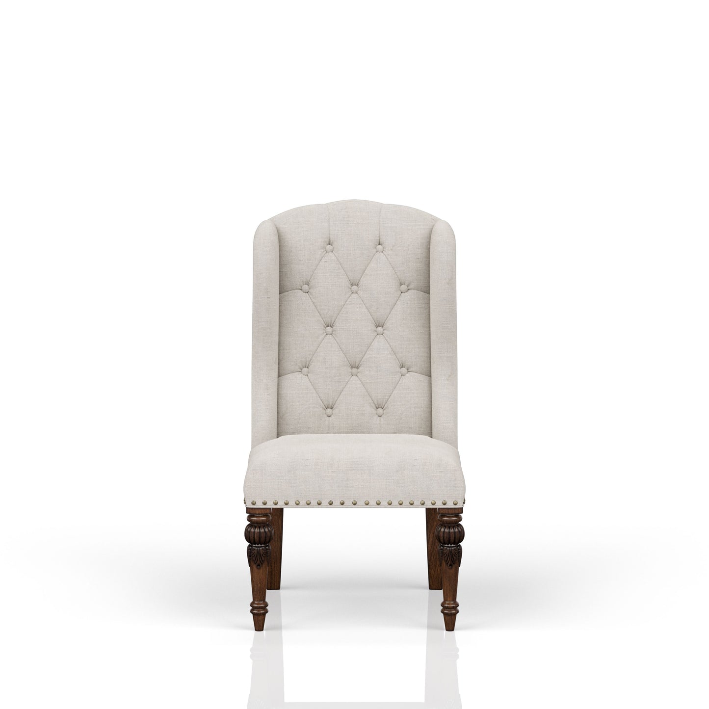 Upholstered dining chair with tufted back and nailhead trim