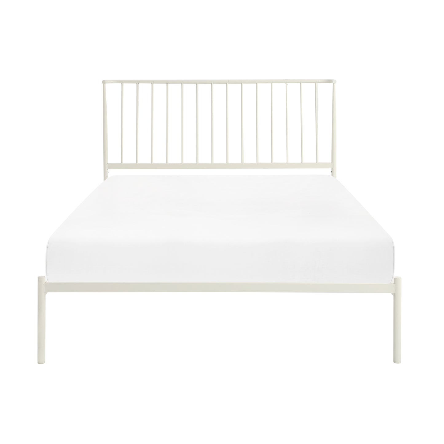 Minimalist white metal bed frame with vertical slat headboard and mattress