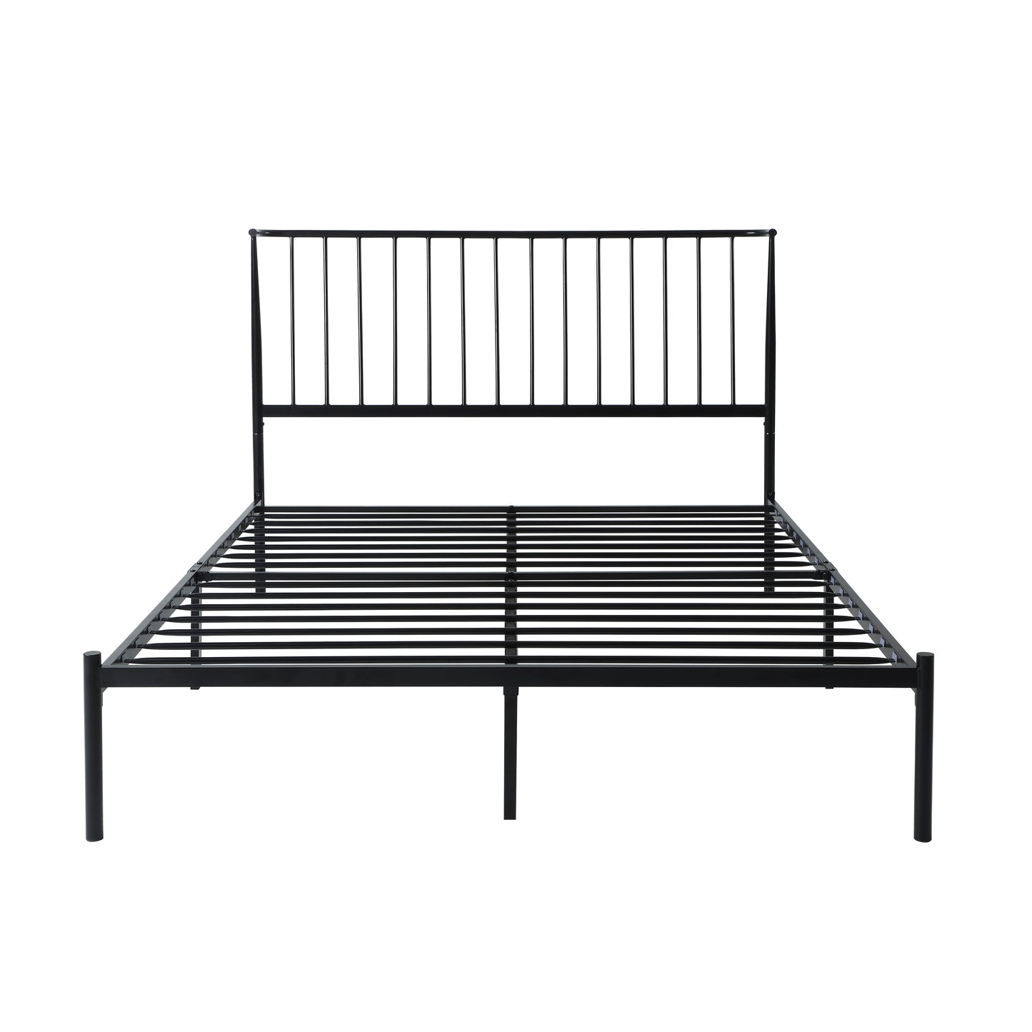 Black metal platform bed frame with vertical spindle headboard and supportive slats