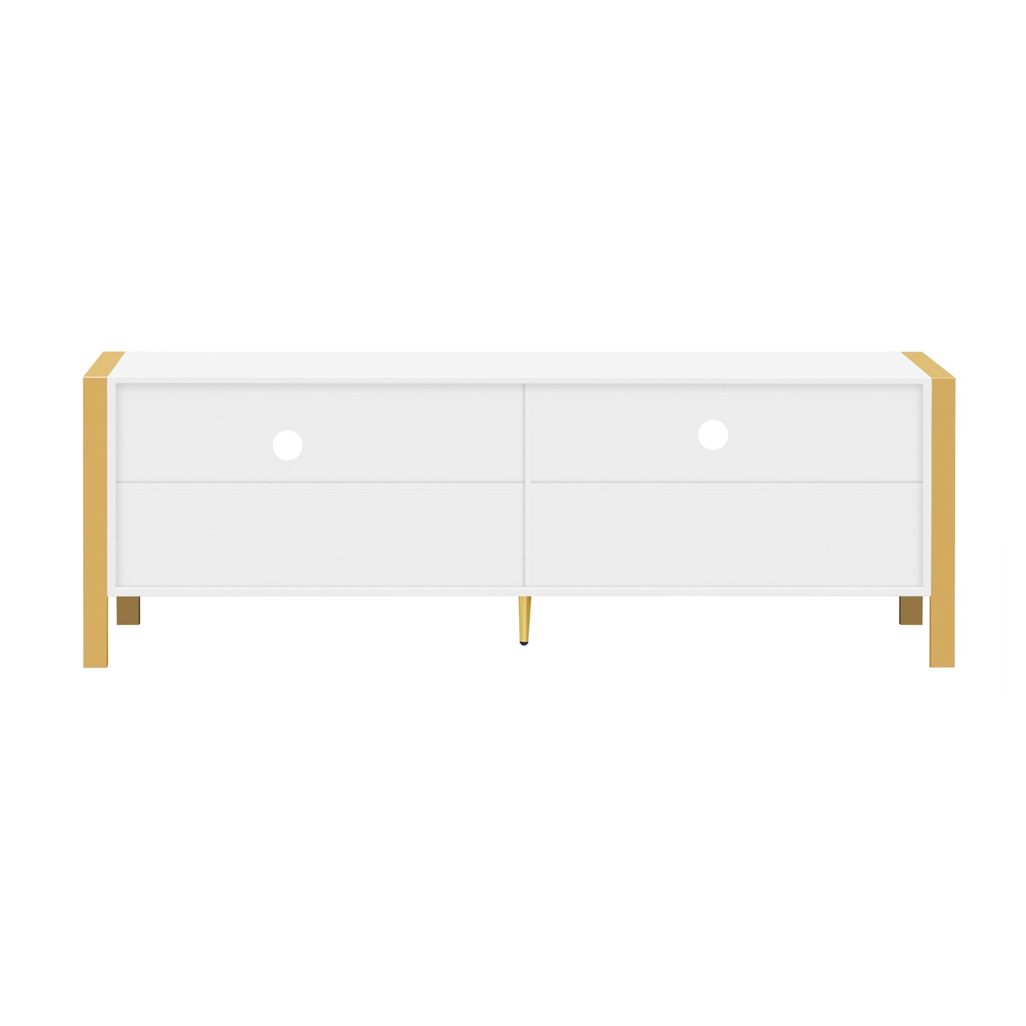 White modern TV stand with gold metal frame and legs