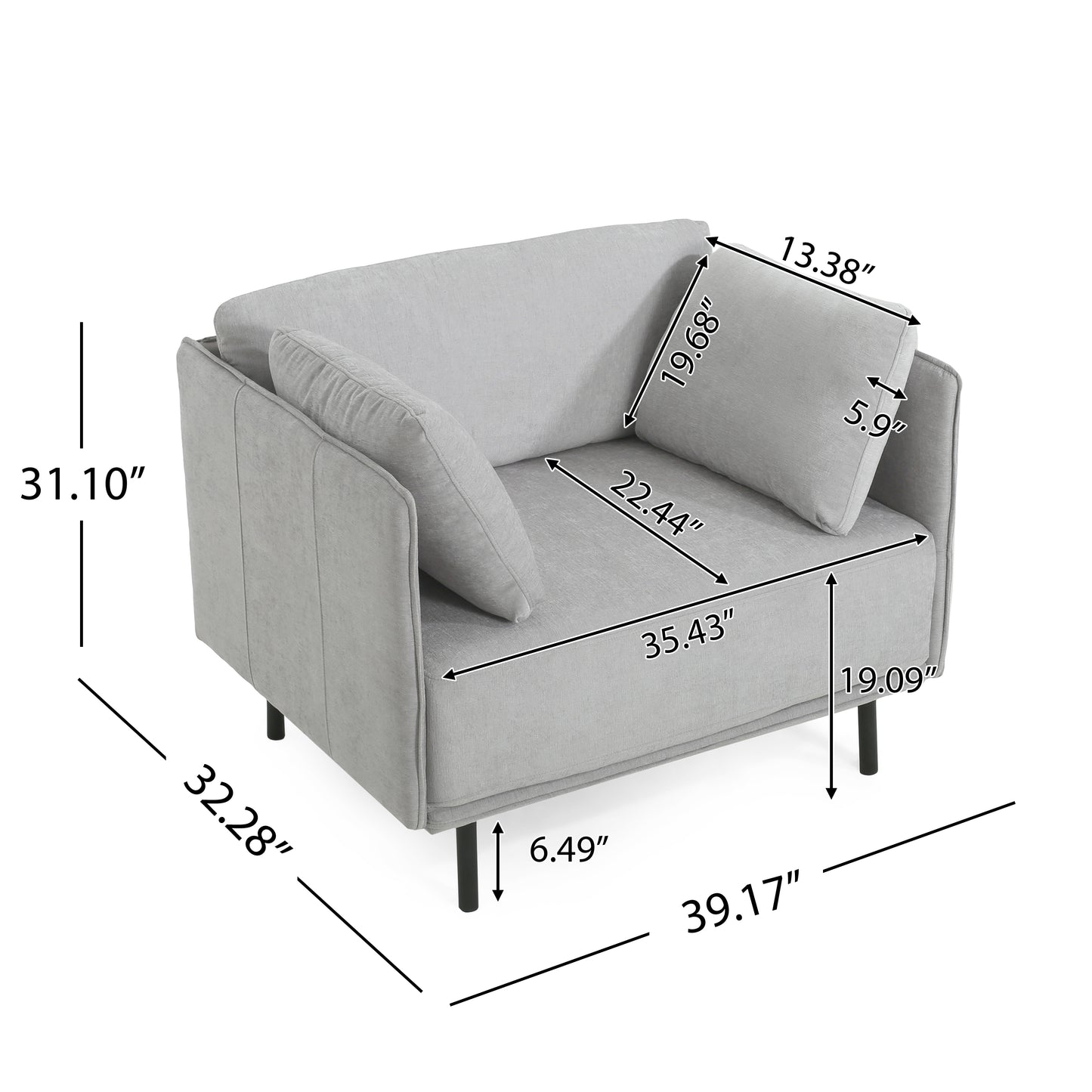 Light grey fabric armchair with modern design and black legs