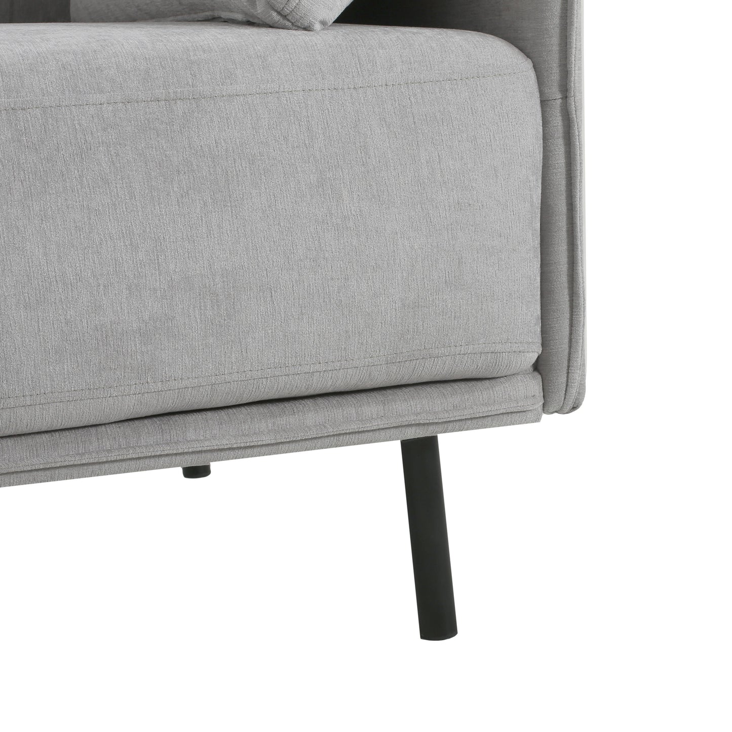 Close up of light gray fabric sofa armrest detail