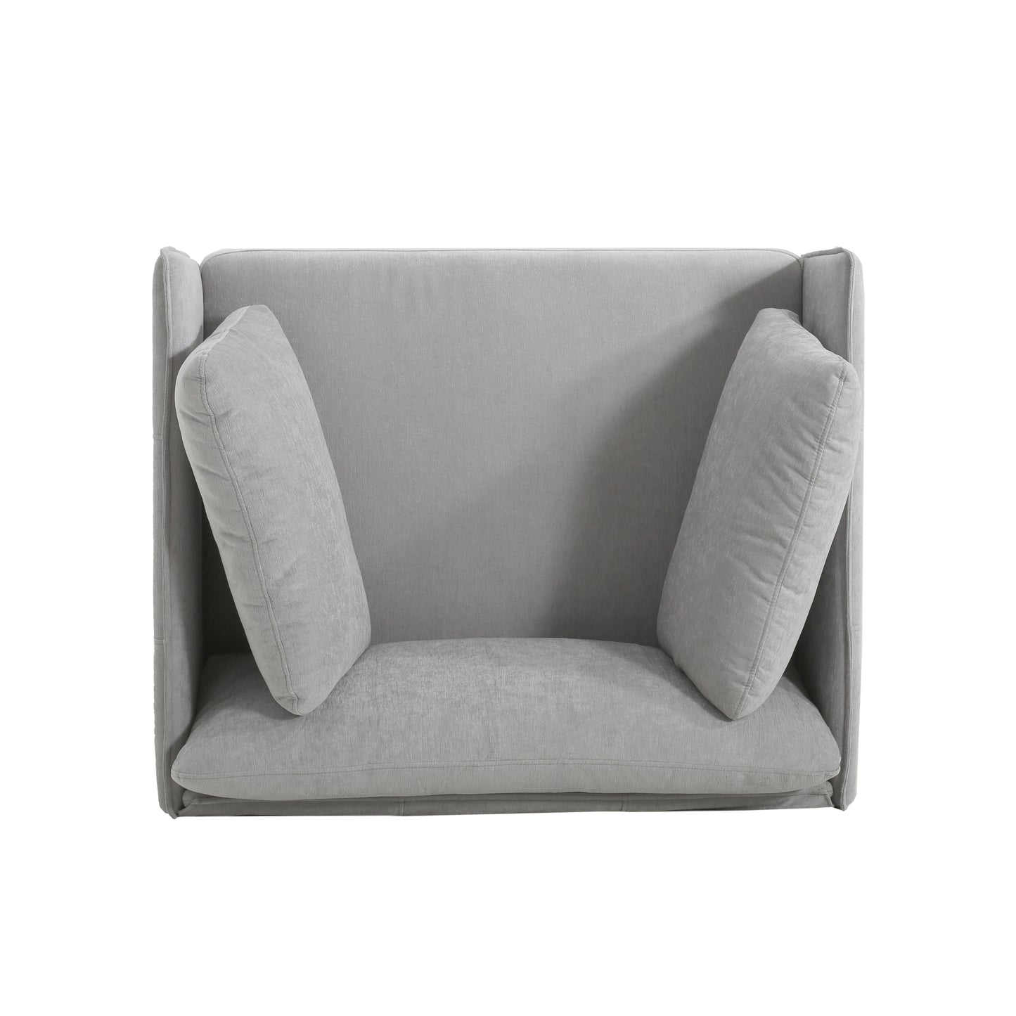 Light gray fabric sofa with two matching throw pillows