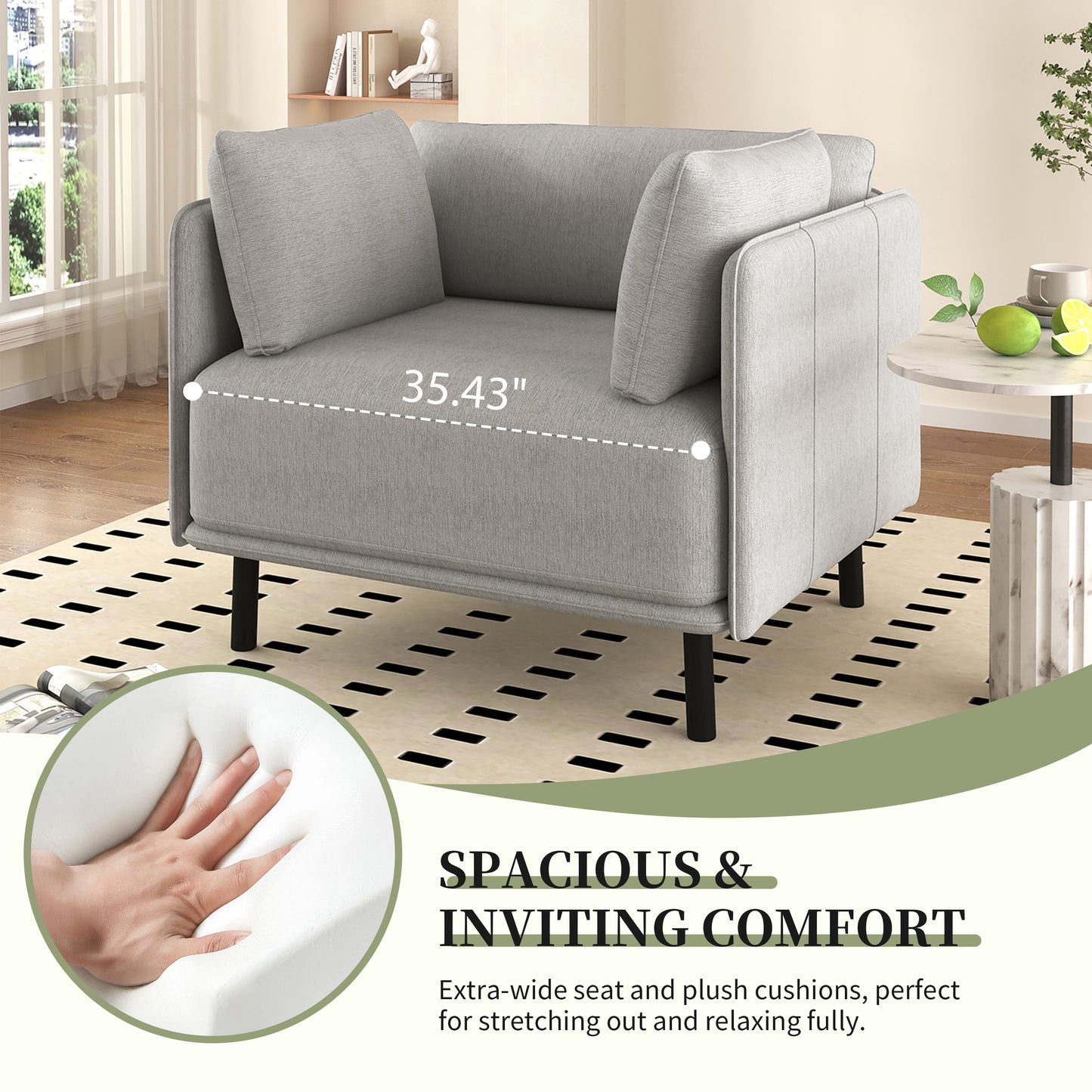 Gray fabric accent chair with plush cushions and modern black legs