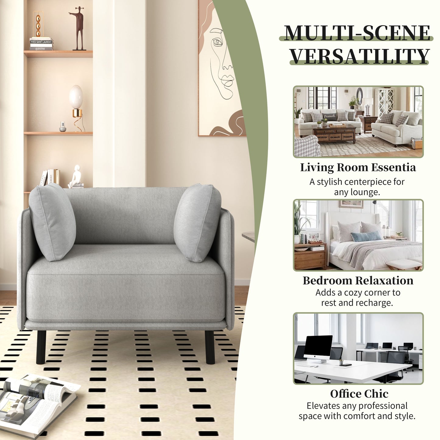 Minimalist grey fabric armchair with plush cushions and dark metal legs