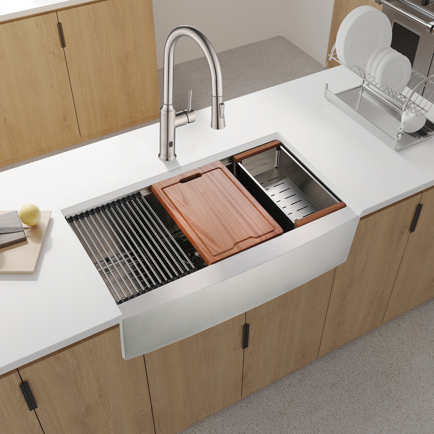 Stainless steel farmhouse sink with builtin wooden cutting board