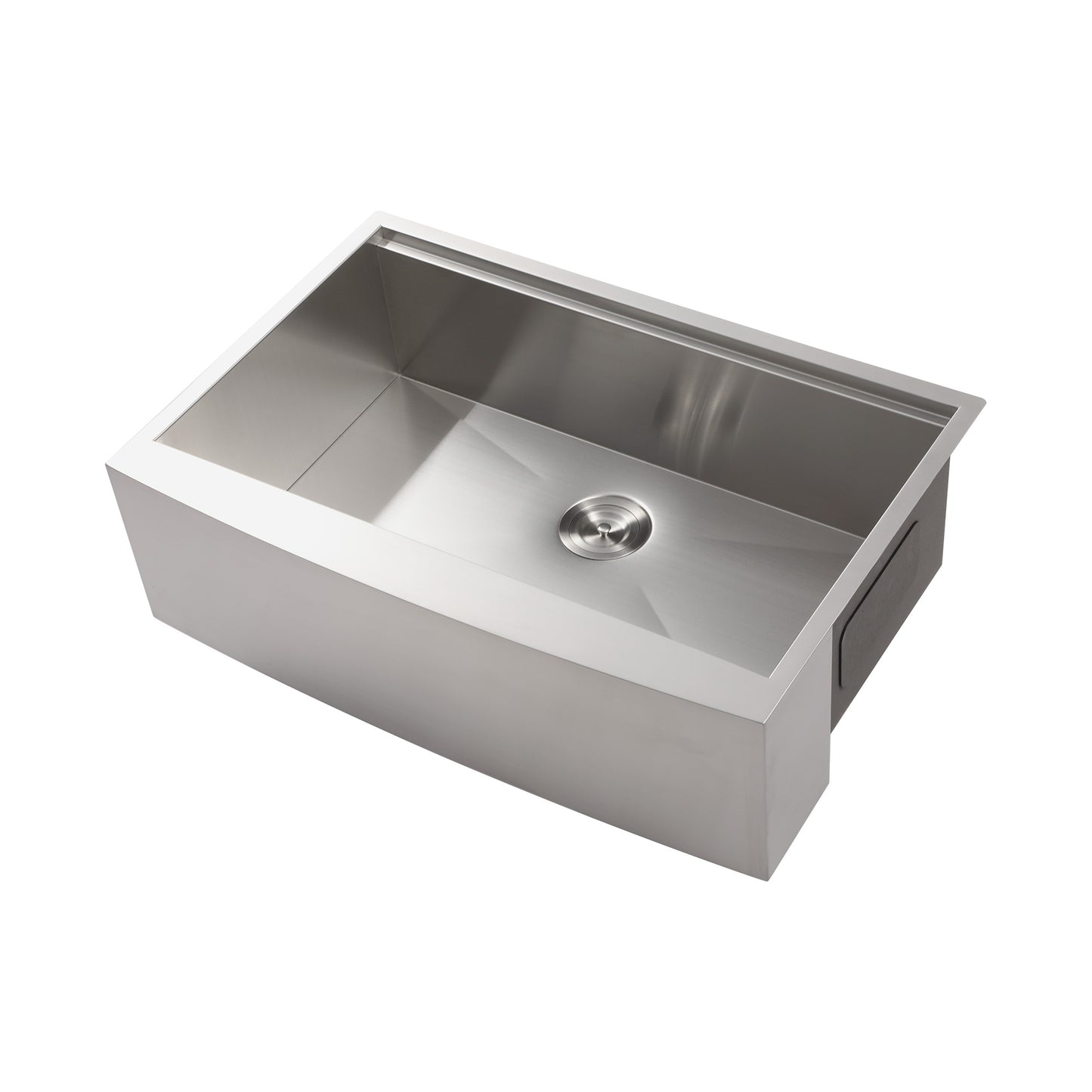 Stainless steel farmhouse sink with a satin finish and integrated drain