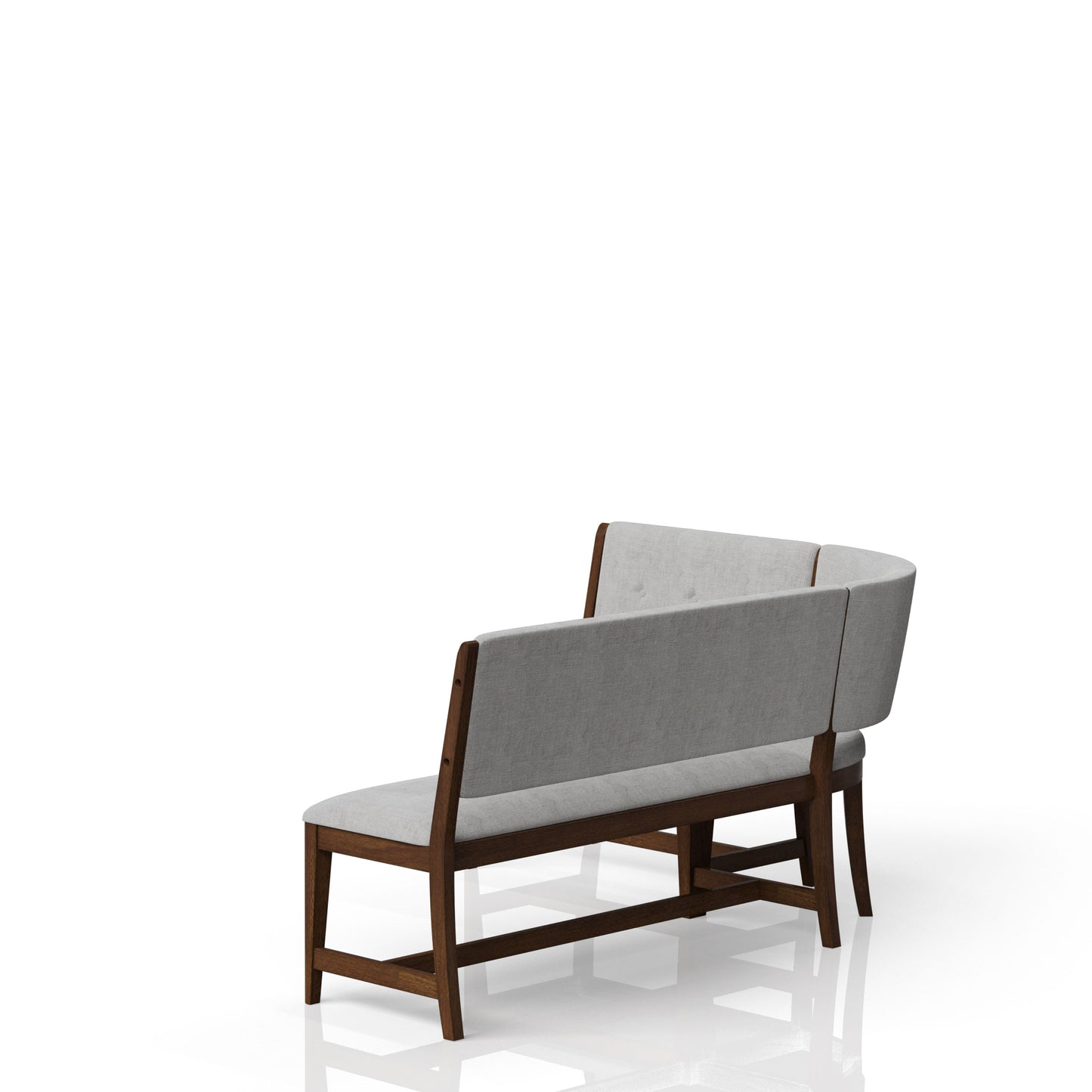 Curved light gray upholstered bench with dark wood frame