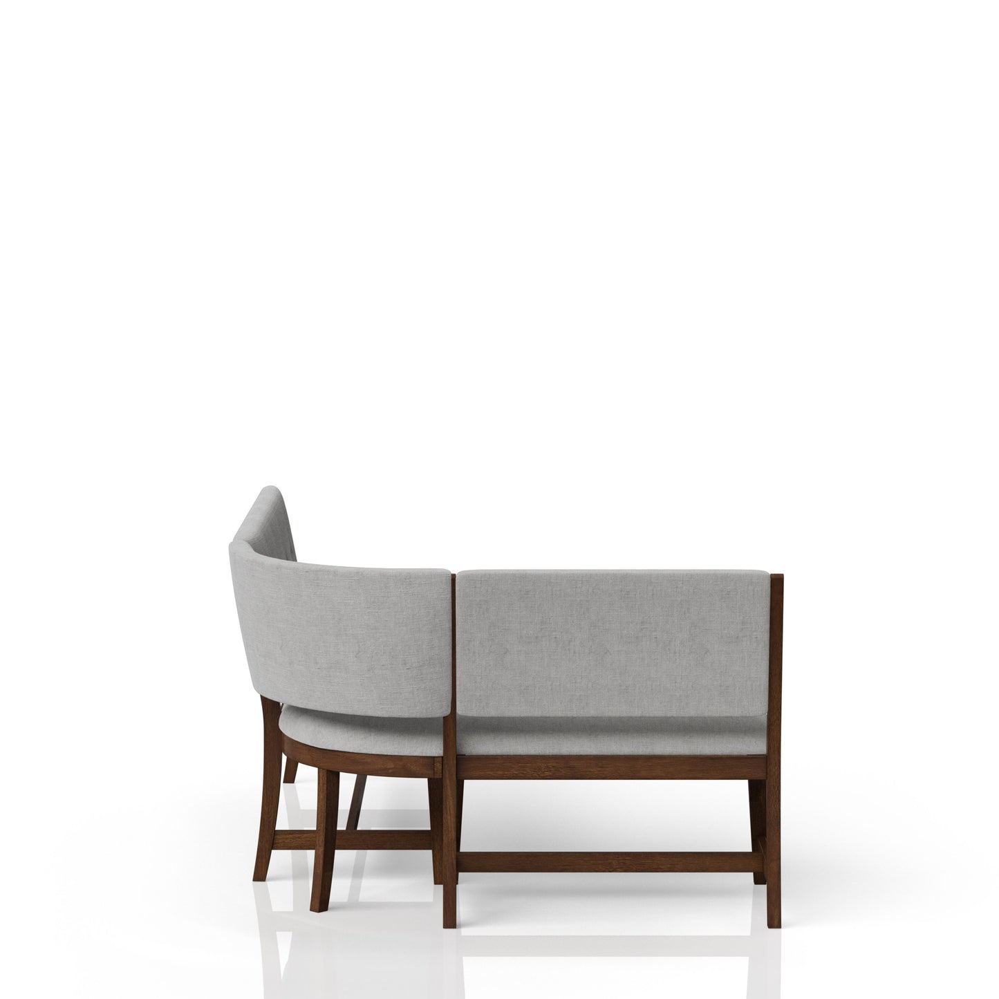 Light grey linen upholstered sectional sofa with dark wood frame