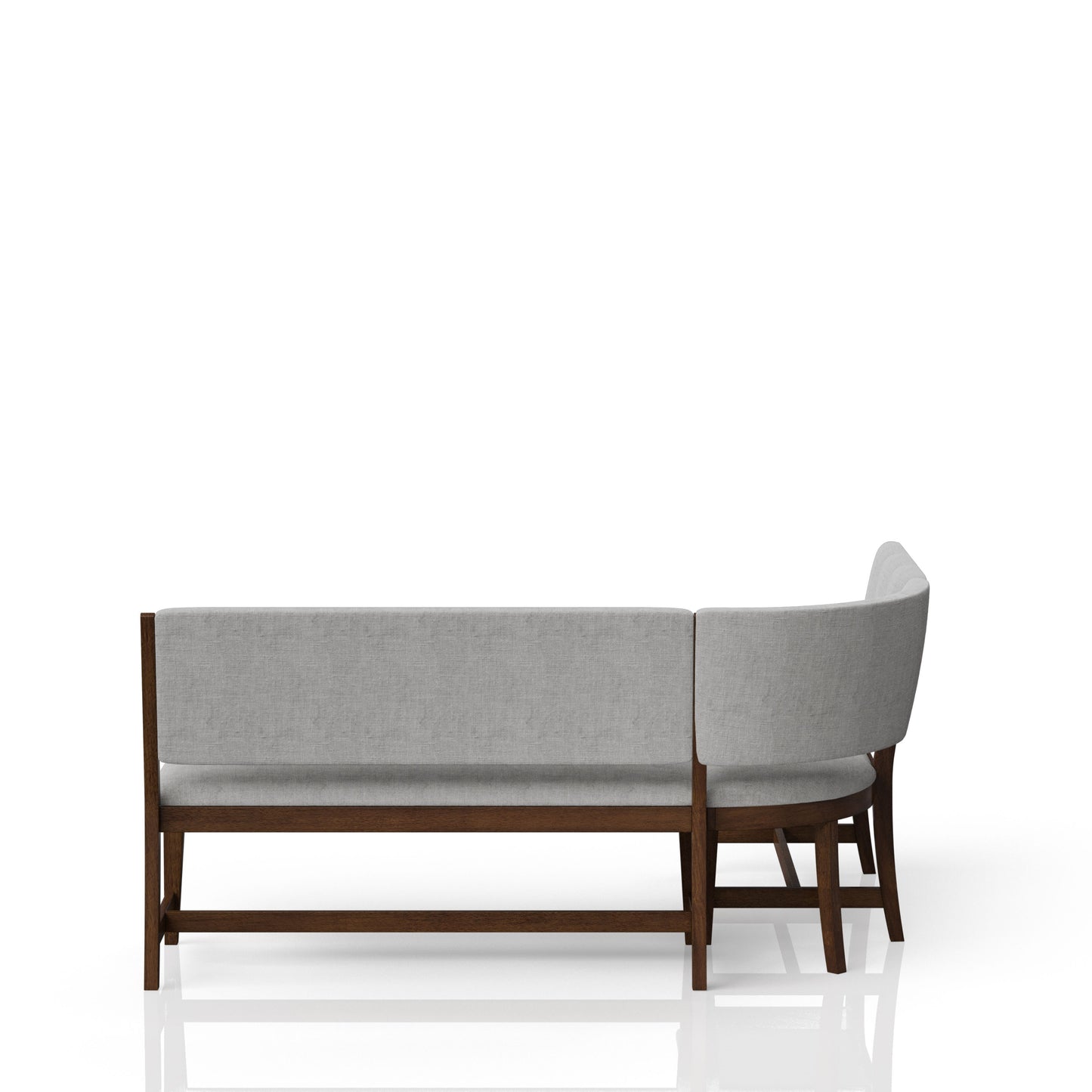 Light gray linen corner sectional sofa with dark wood frame