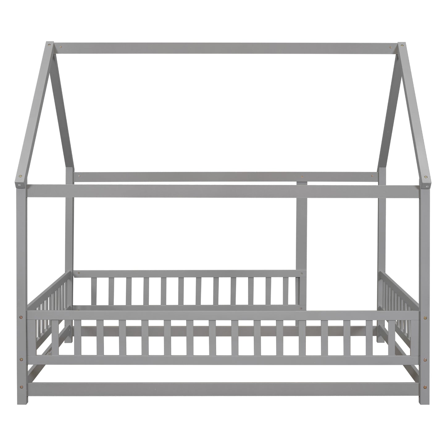 TREATLIFE HOME Full Size Floor Wooden Bed with House Roof Frame and Fence Guardrails, Grey