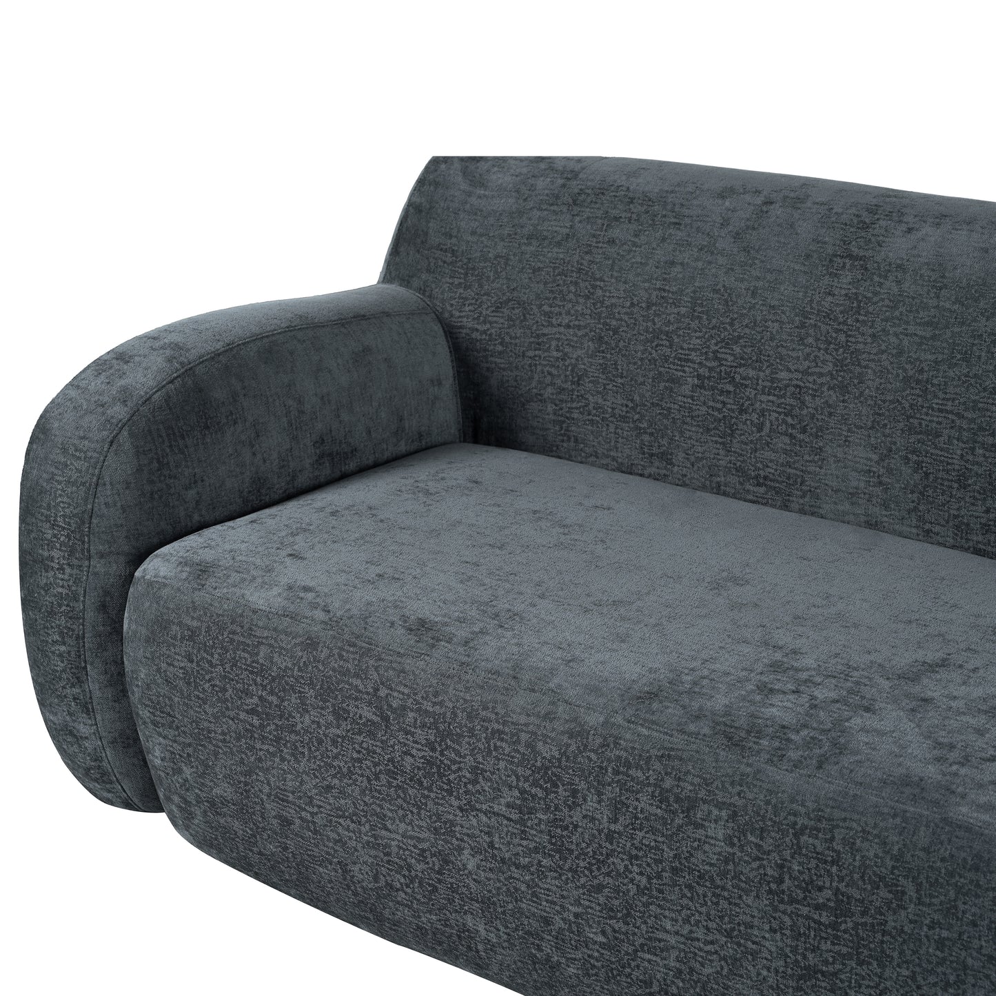 Dark grey velvet sofa with rounded armrest and textured fabric