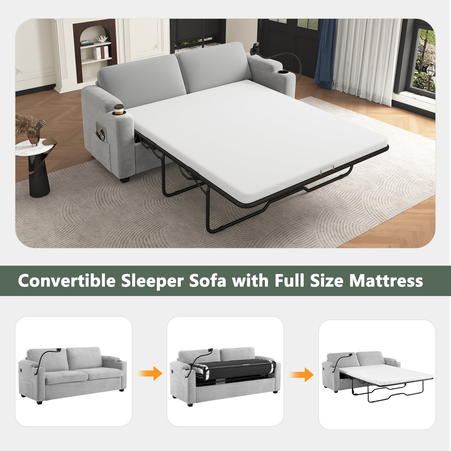 Gray corduroy convertible sleeper sofa with fullsize mattress extended