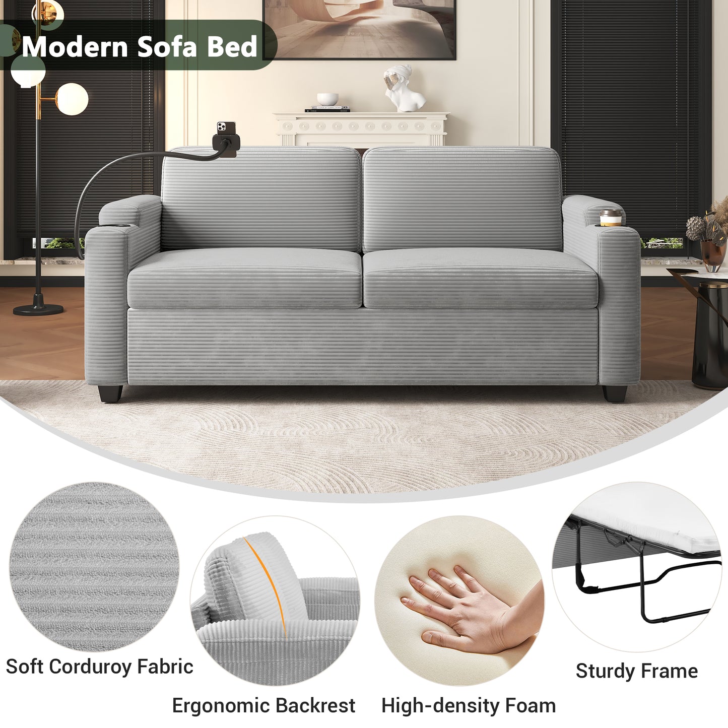 Gray corduroy modern sofa bed with armrest cup holder and phone mount