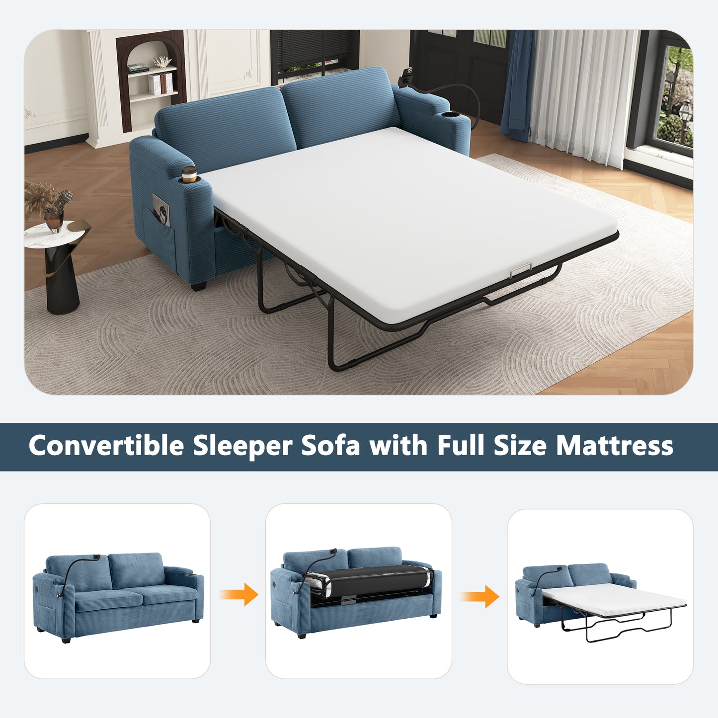 Blue corduroy convertible sleeper sofa with integrated full size mattress extended
