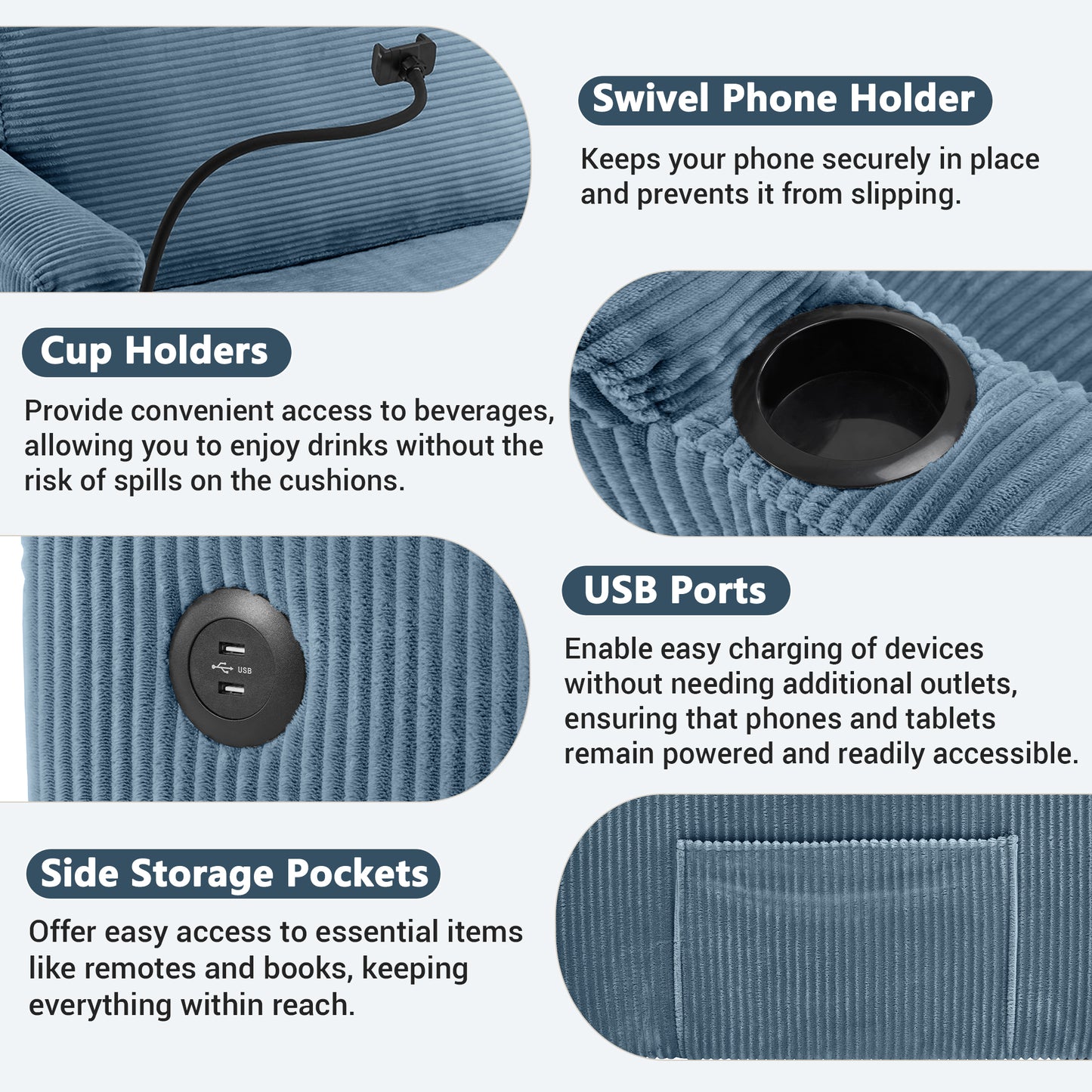Blue corduroy armchair with adjustable swivel phone holder