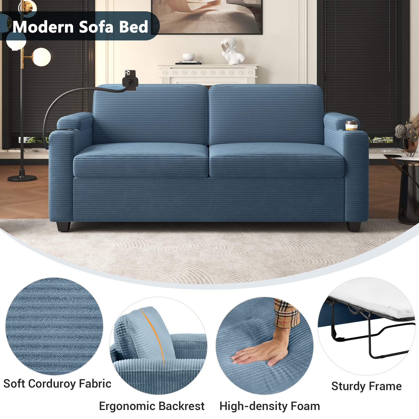 Blue corduroy modern sofa bed with integrated phone holder and cup holder