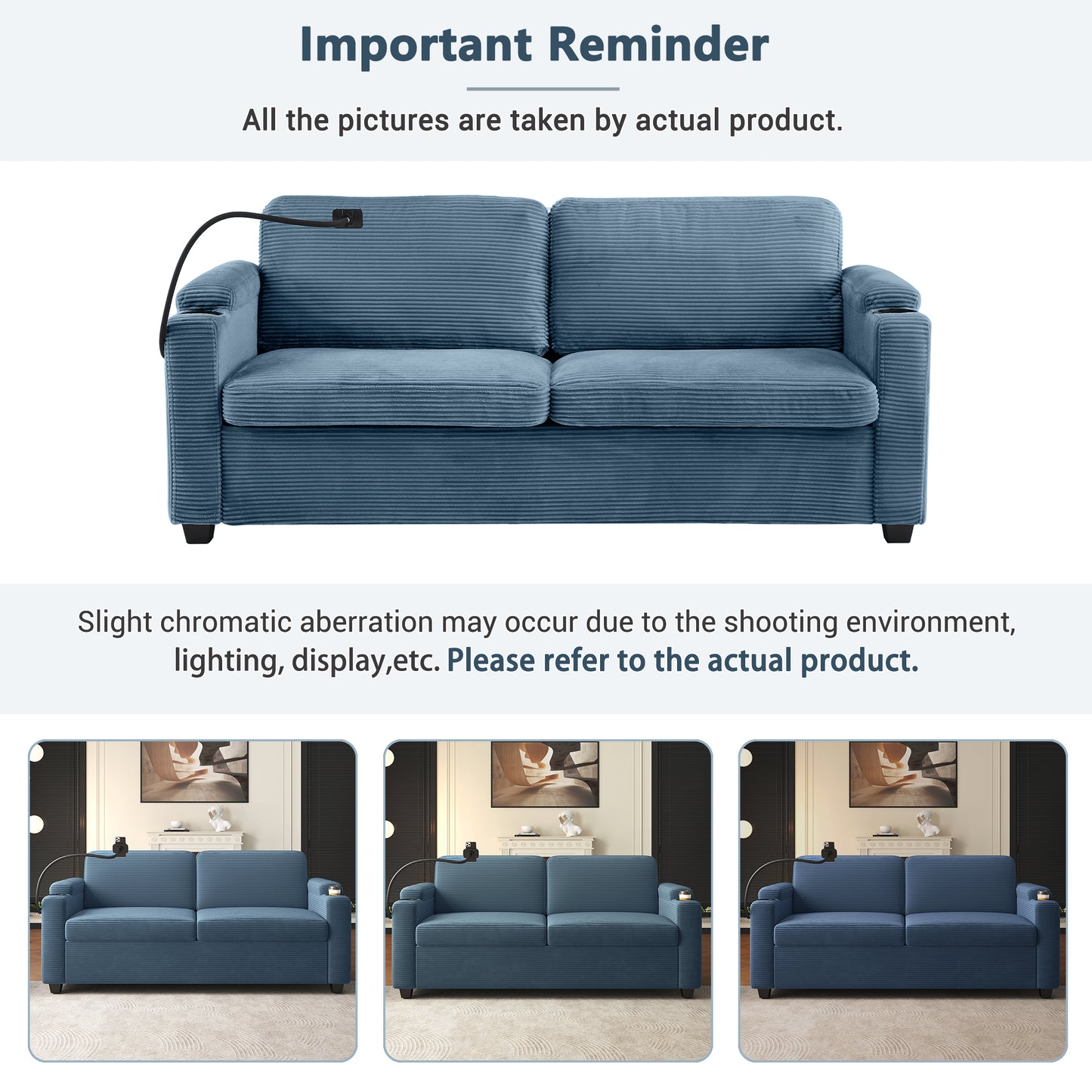 Blue corduroy sofa with integrated USB charging port on armrest