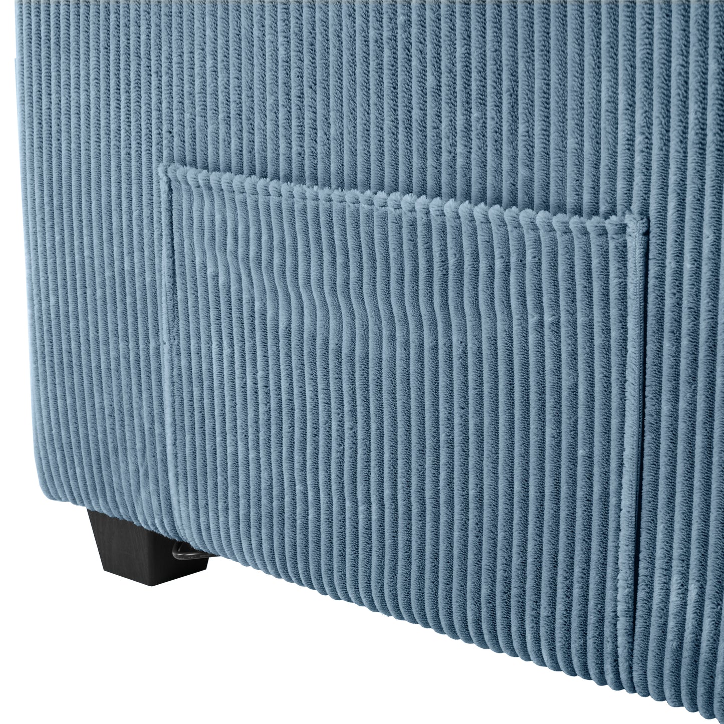 Blue corduroy armchair side with pocket detail