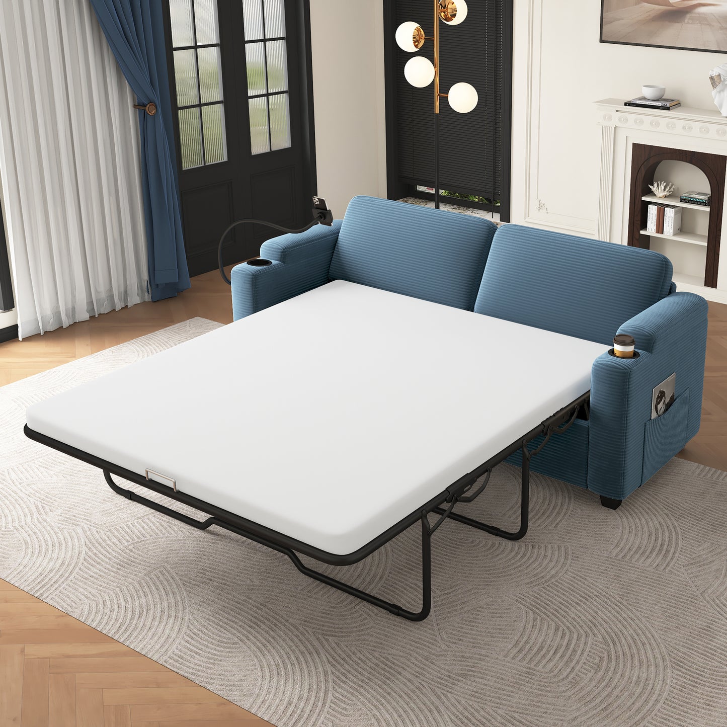 Blue corduroy sofa bed extended with white mattress and storage pockets