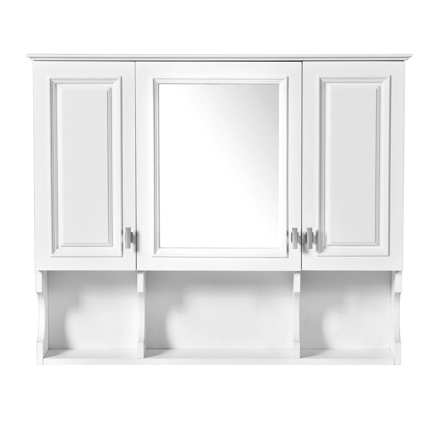 White wooden bathroom cabinet with three doors and central mirror