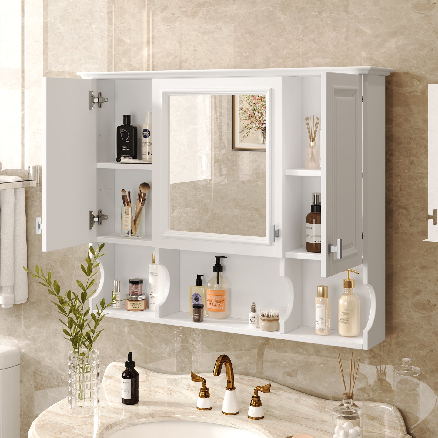 White mirrored medicine cabinet with open doors showing skincare products and makeup brushes Modern bathroom storage solution