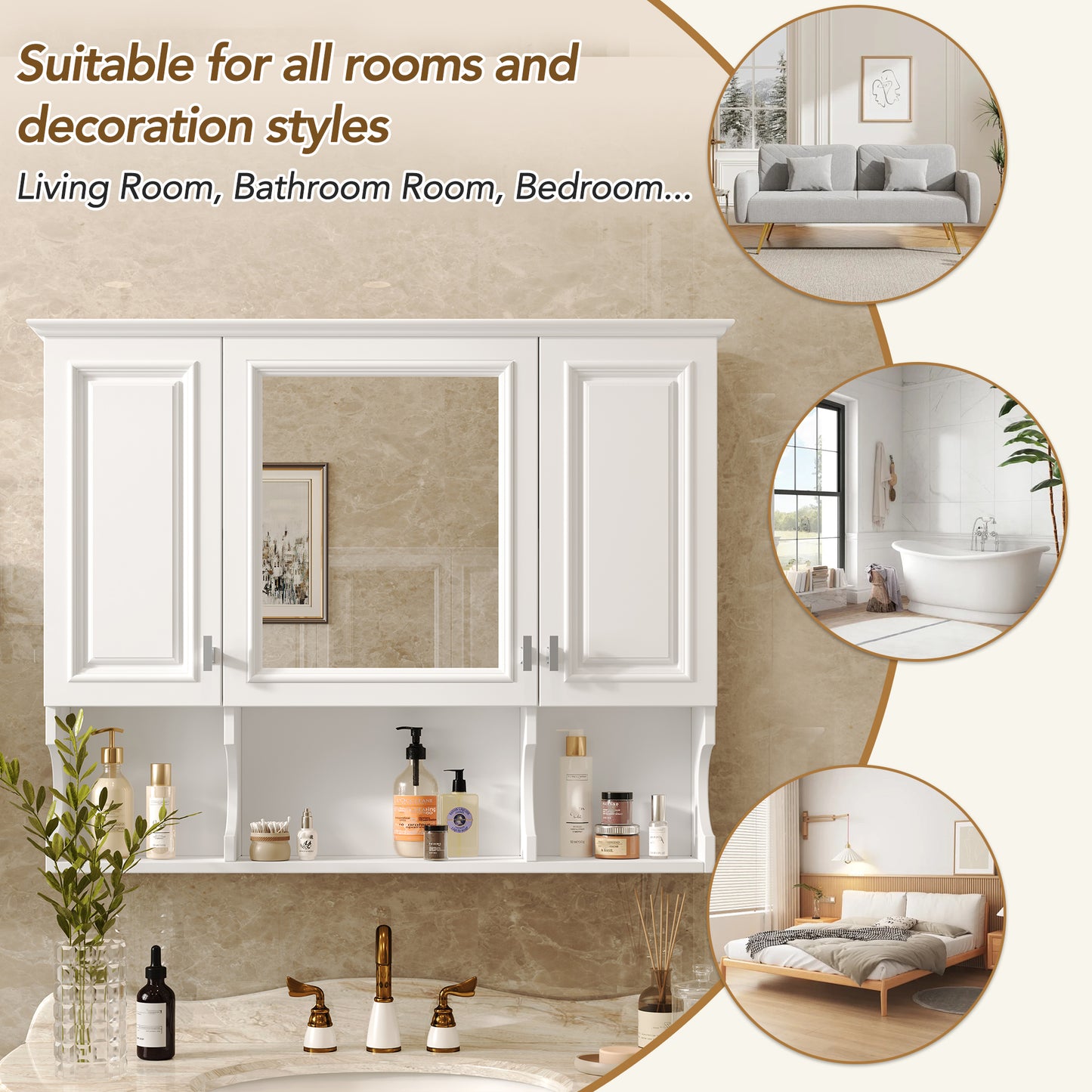 White bathroom cabinet with mirrored doors and open shelf