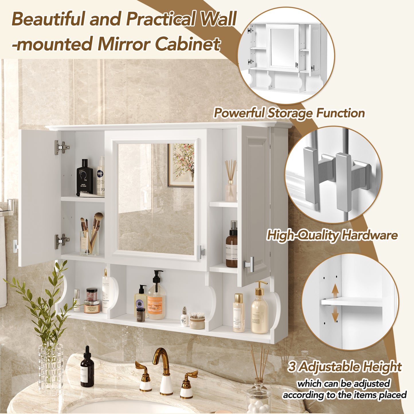 White mirrored wall cabinet with open doors displaying toiletries and makeup brushes