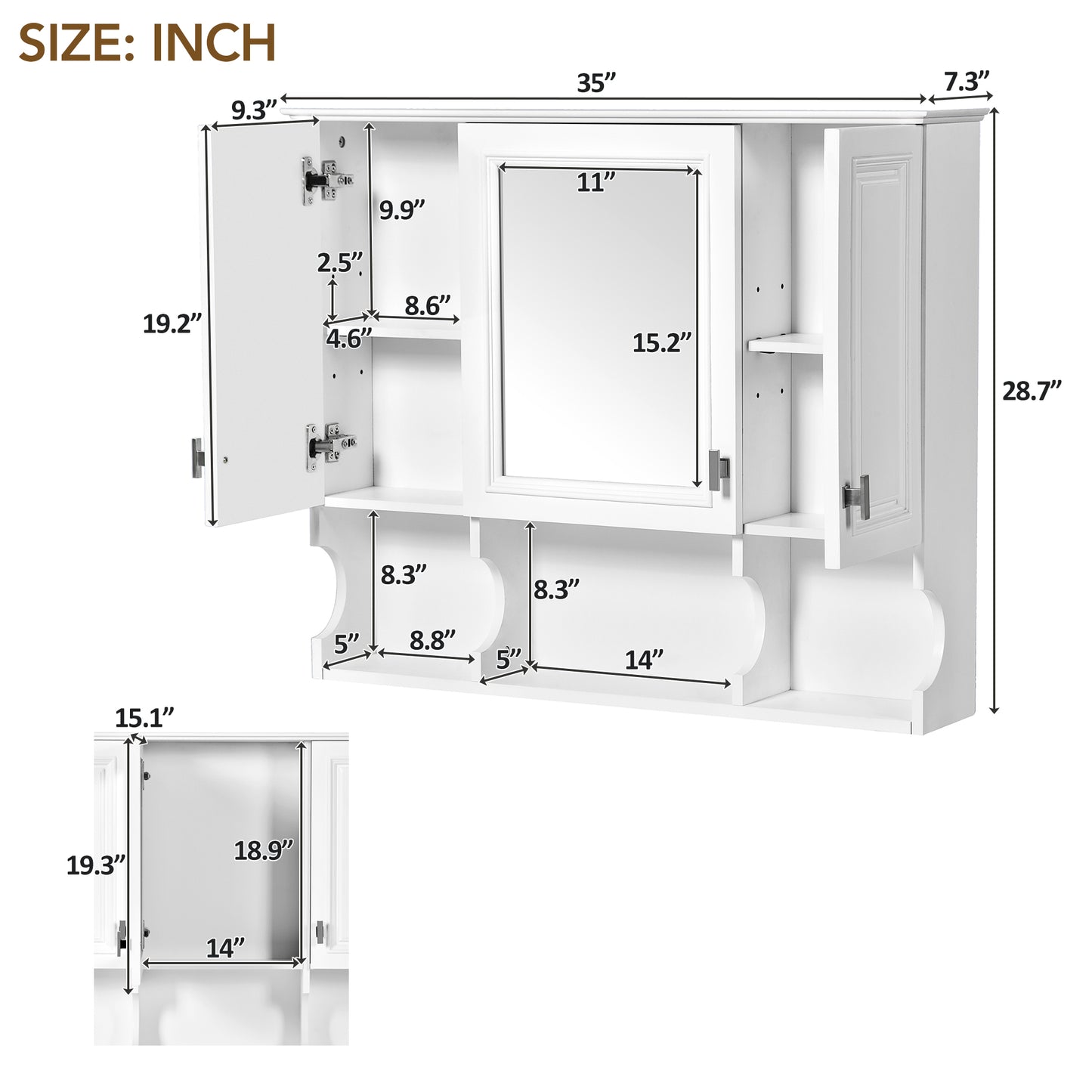 White wooden medicine cabinet with mirrored door and open shelving
