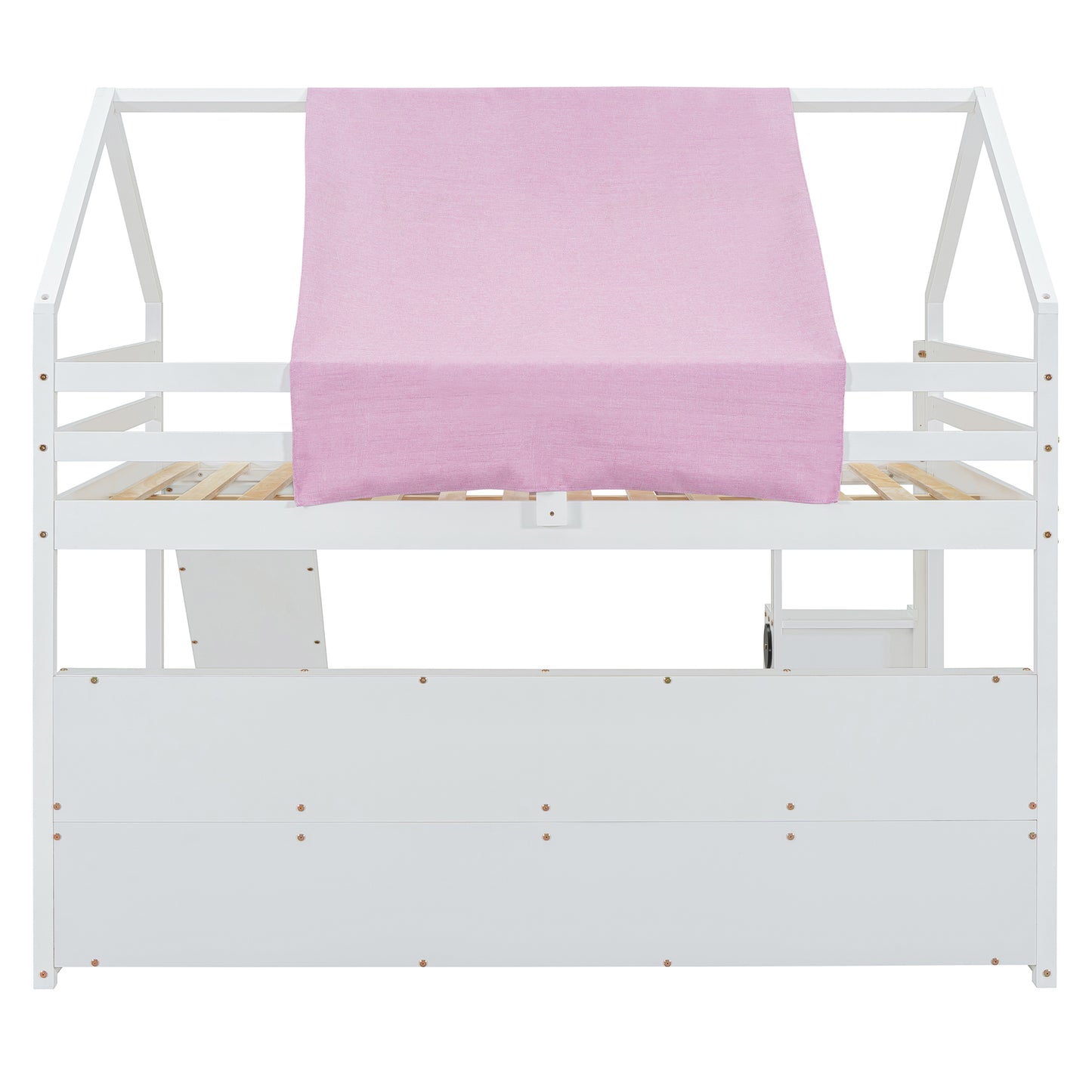 White wooden house bed with pink canopy for children