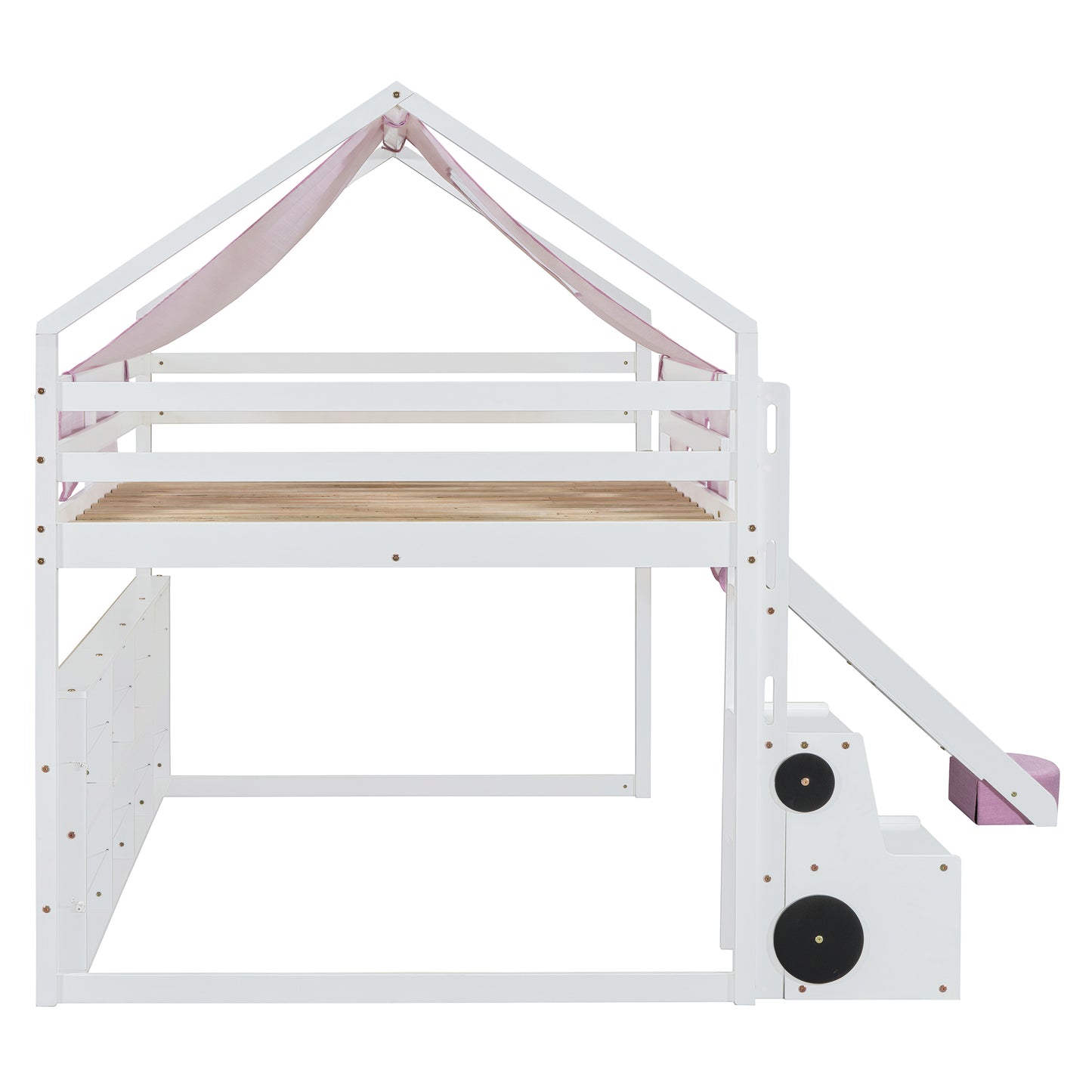 White wooden loft bed frame with pink tent