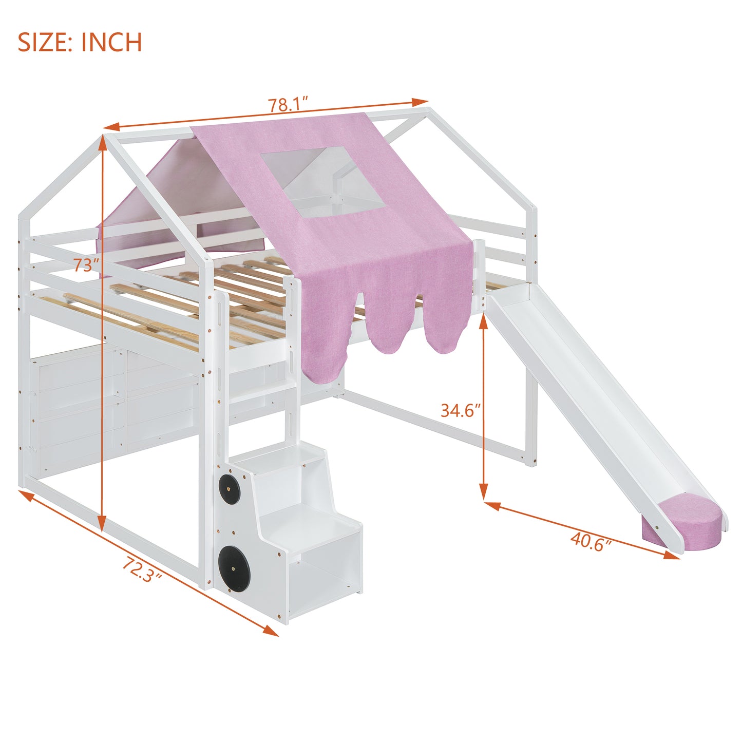 White wooden loft bed with pink tent and slide