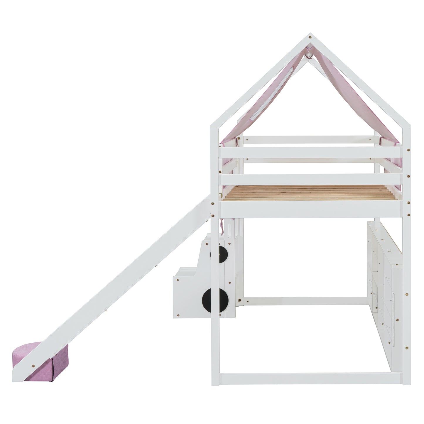 White wooden loft bed with pink canopy and slide