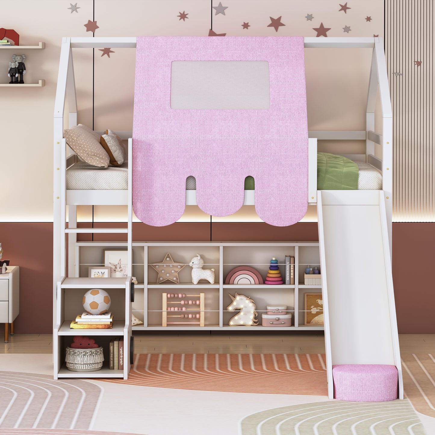 White wooden loft bed with pink canopy and slide