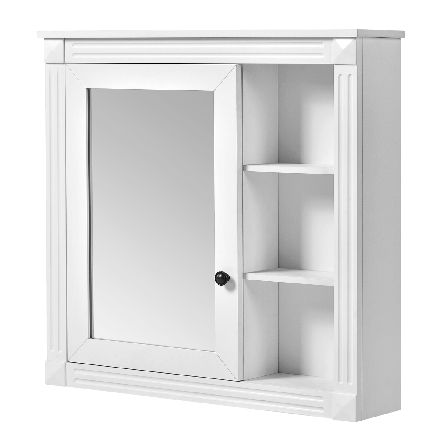 White mirrored medicine cabinet with open shelving and black knob