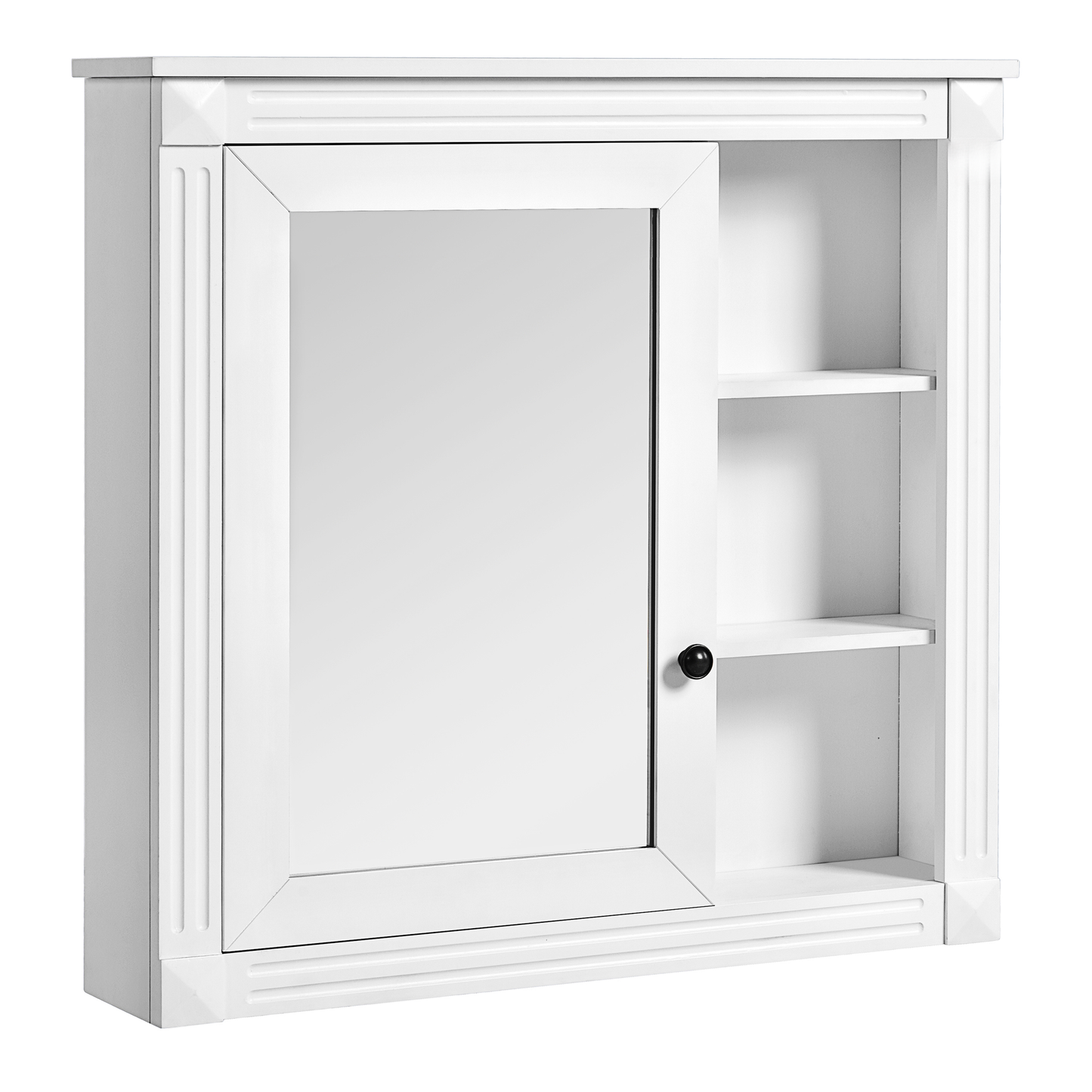 White wooden medicine cabinet with mirrored door and open shelving