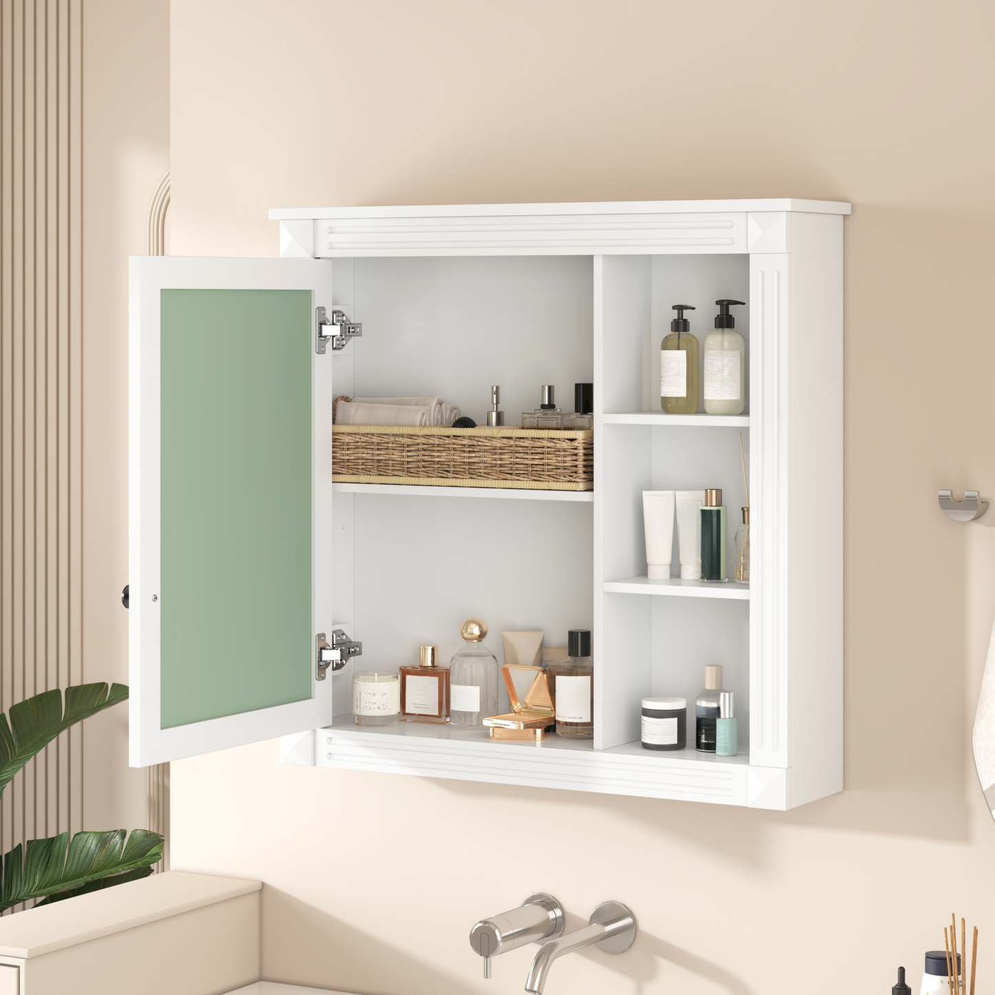 White medicine cabinet with mirrored door storing toiletries