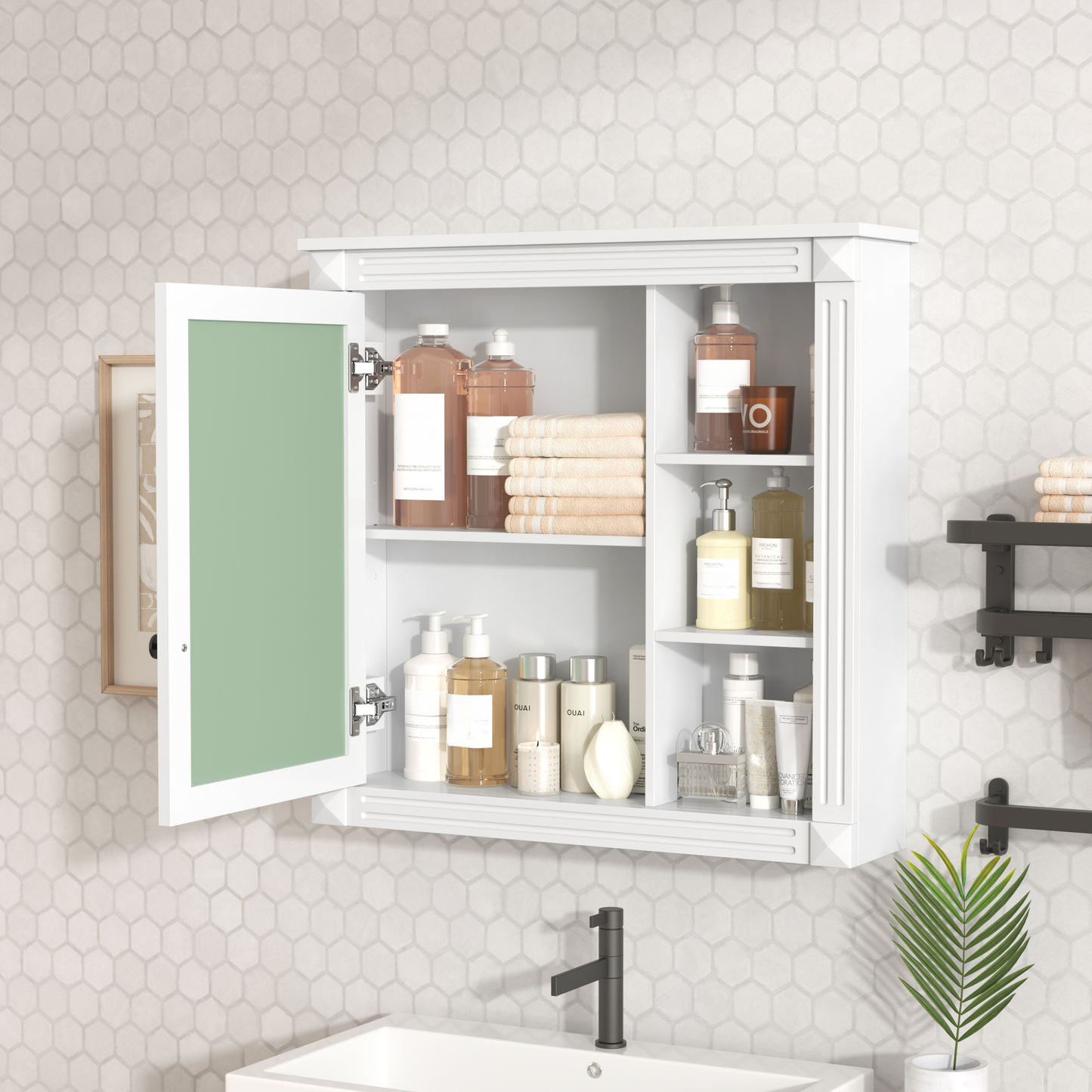 White medicine cabinet with open door displaying skincare products and folded towels