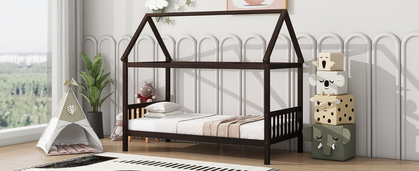 Dark brown wooden twin house bed frame with white bedding