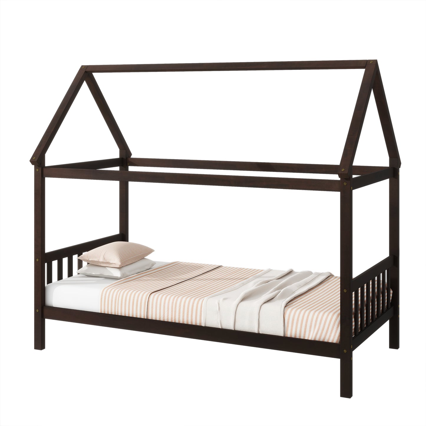 Dark wood toddler house bed frame with striped bedding and pillows