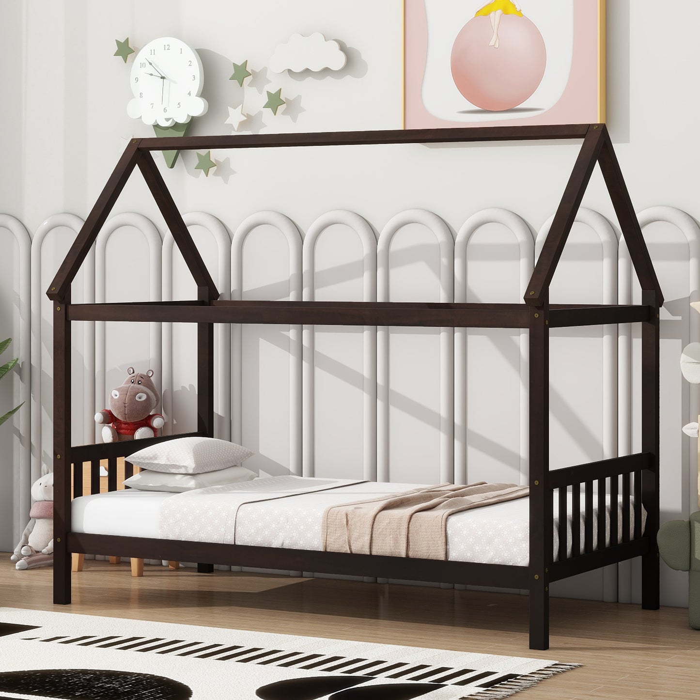 Dark brown wooden twin house bed frame with slatted sides and mattress