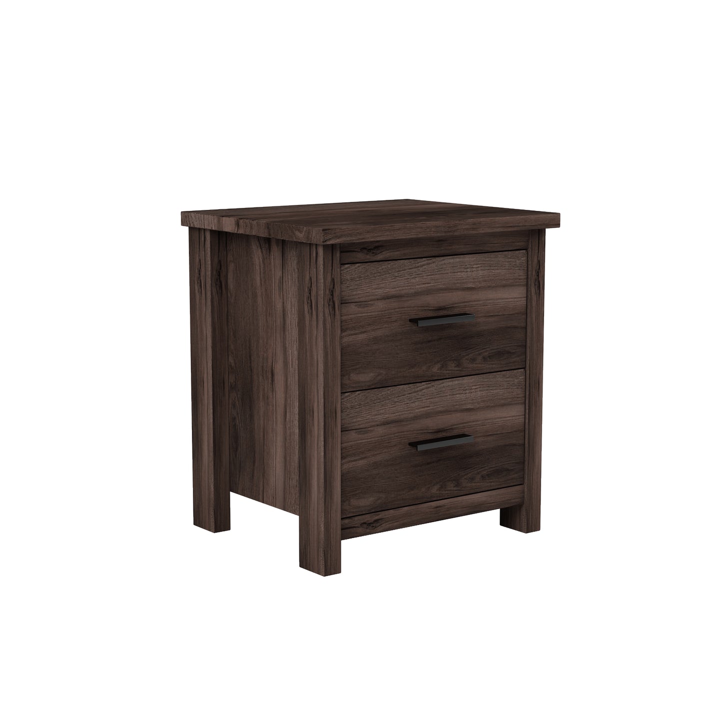 Dark wood finish nightstand with two drawers and black handles
