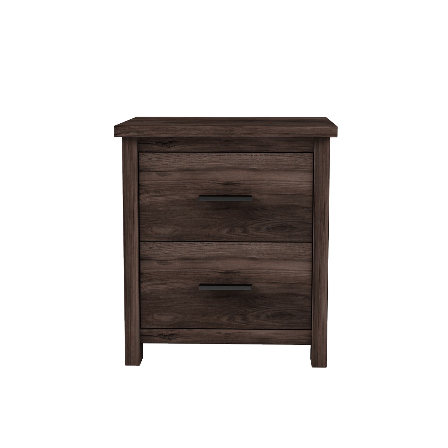 Dark wood veneer nightstand with two drawers and black pull handles