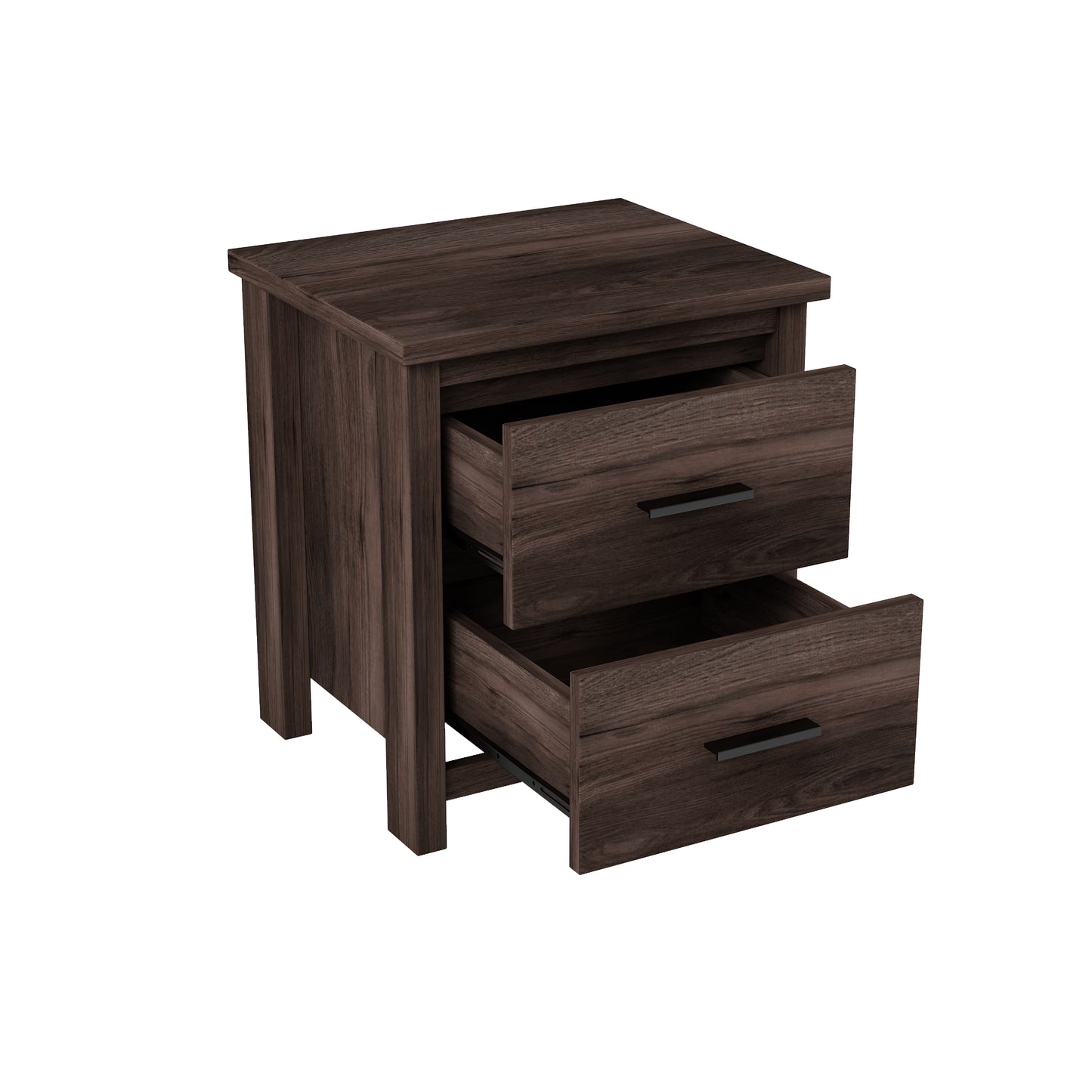 Dark wood finish nightstand with two open drawers and black handles