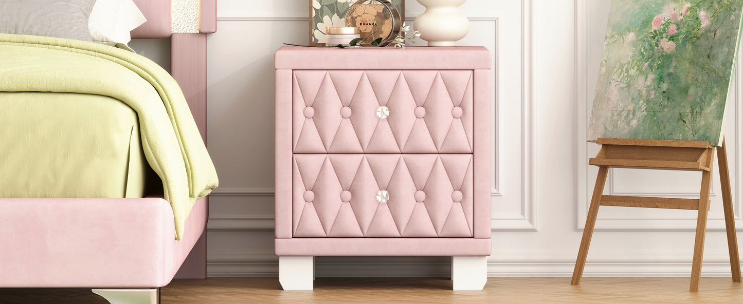 Pink velvet tufted nightstand with diamondshaped quilting and crystal knobs