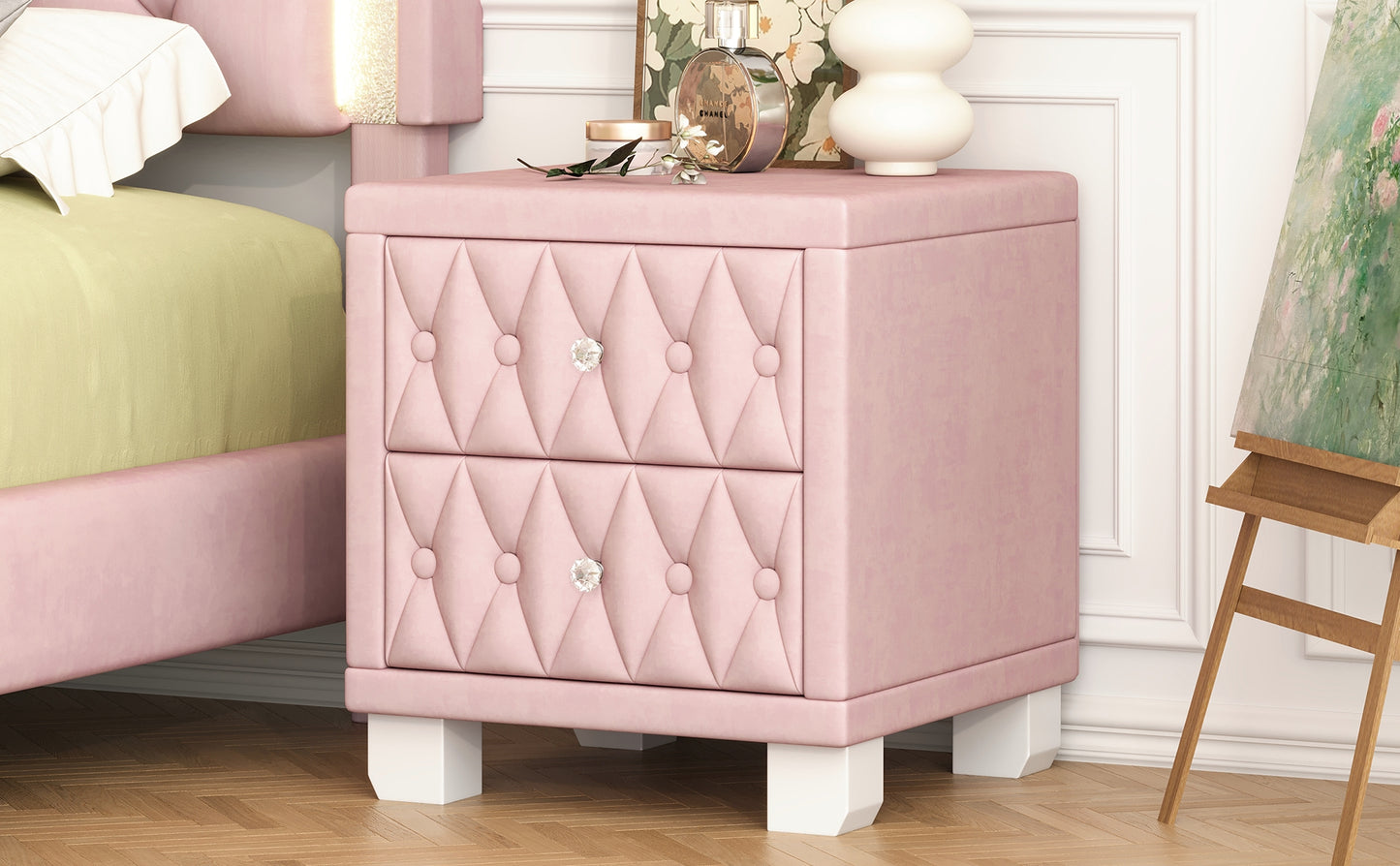 Pink velvet tufted nightstand with crystal knobs