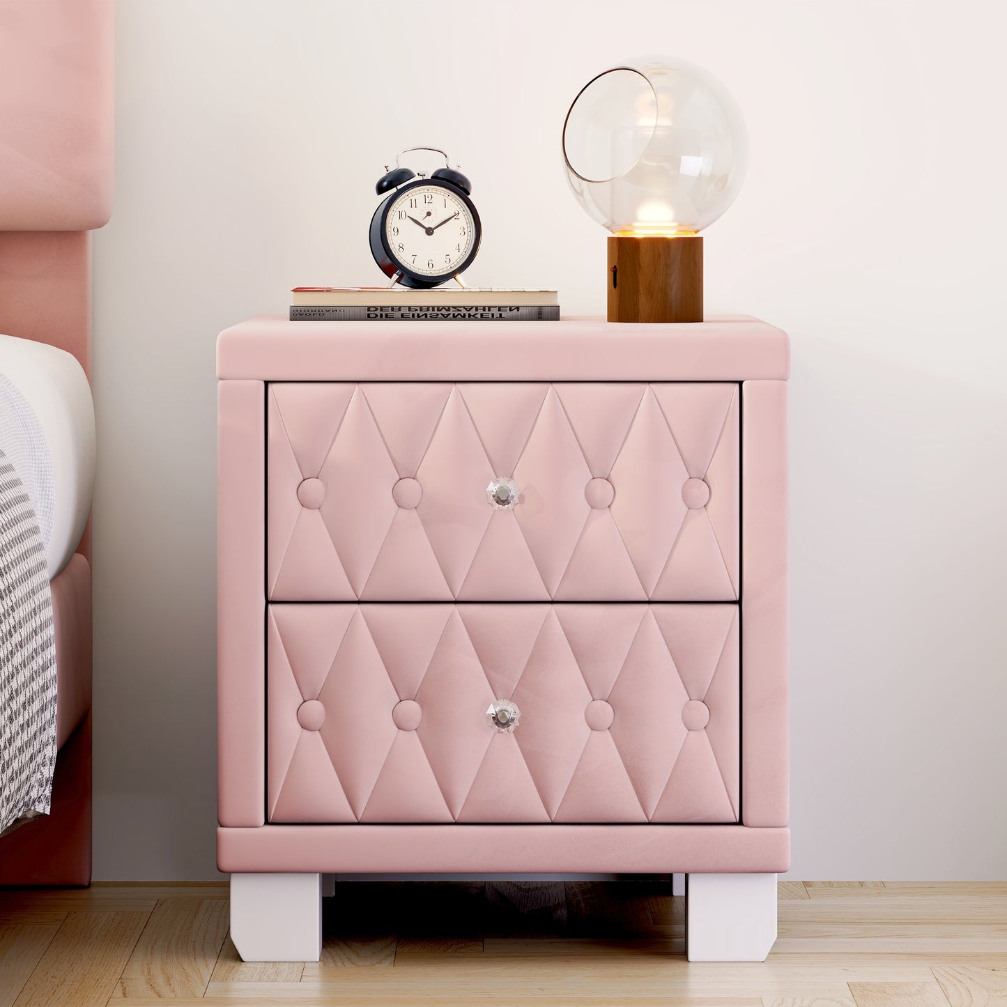 Pink velvet tufted nightstand with crystal knobs and two drawers modern design