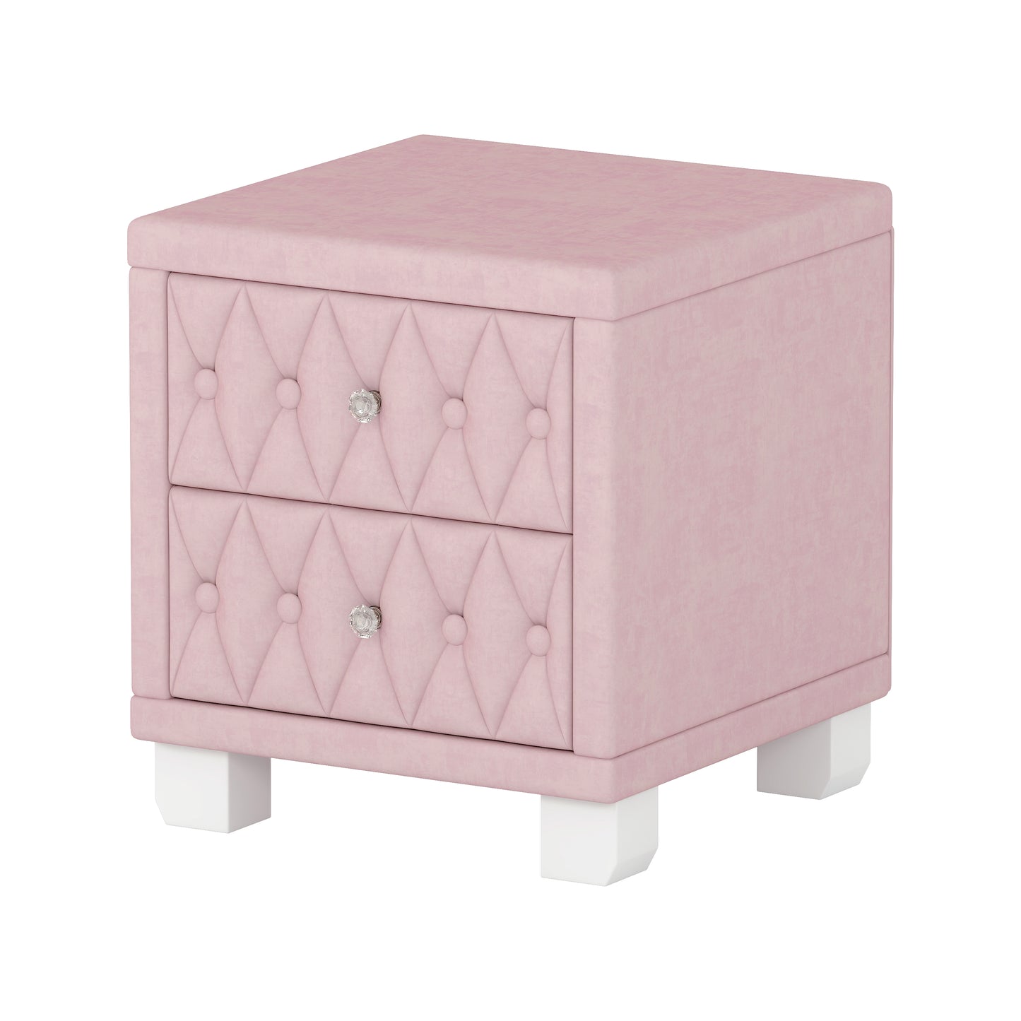 Pink velvet tufted nightstand with crystal knobs and white legs