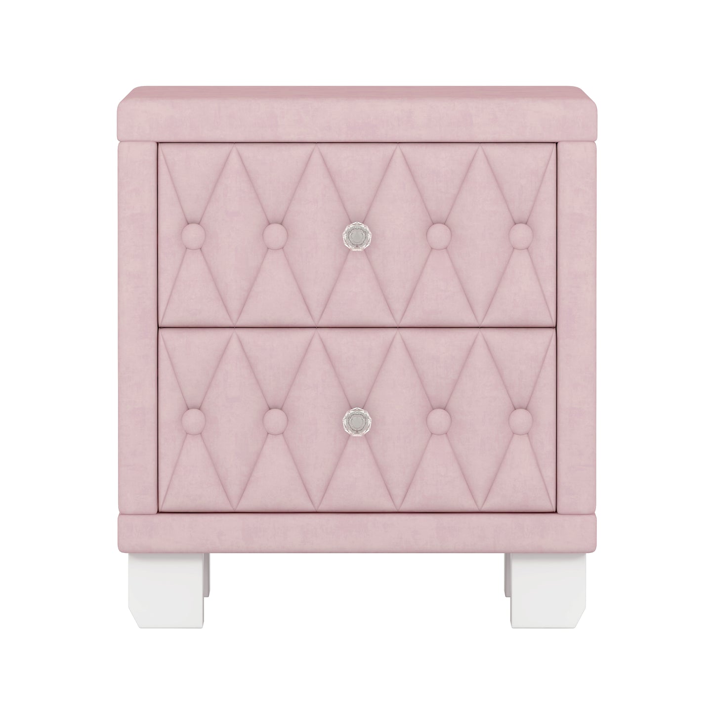 Pink velvet tufted nightstand with crystal knob and white legs